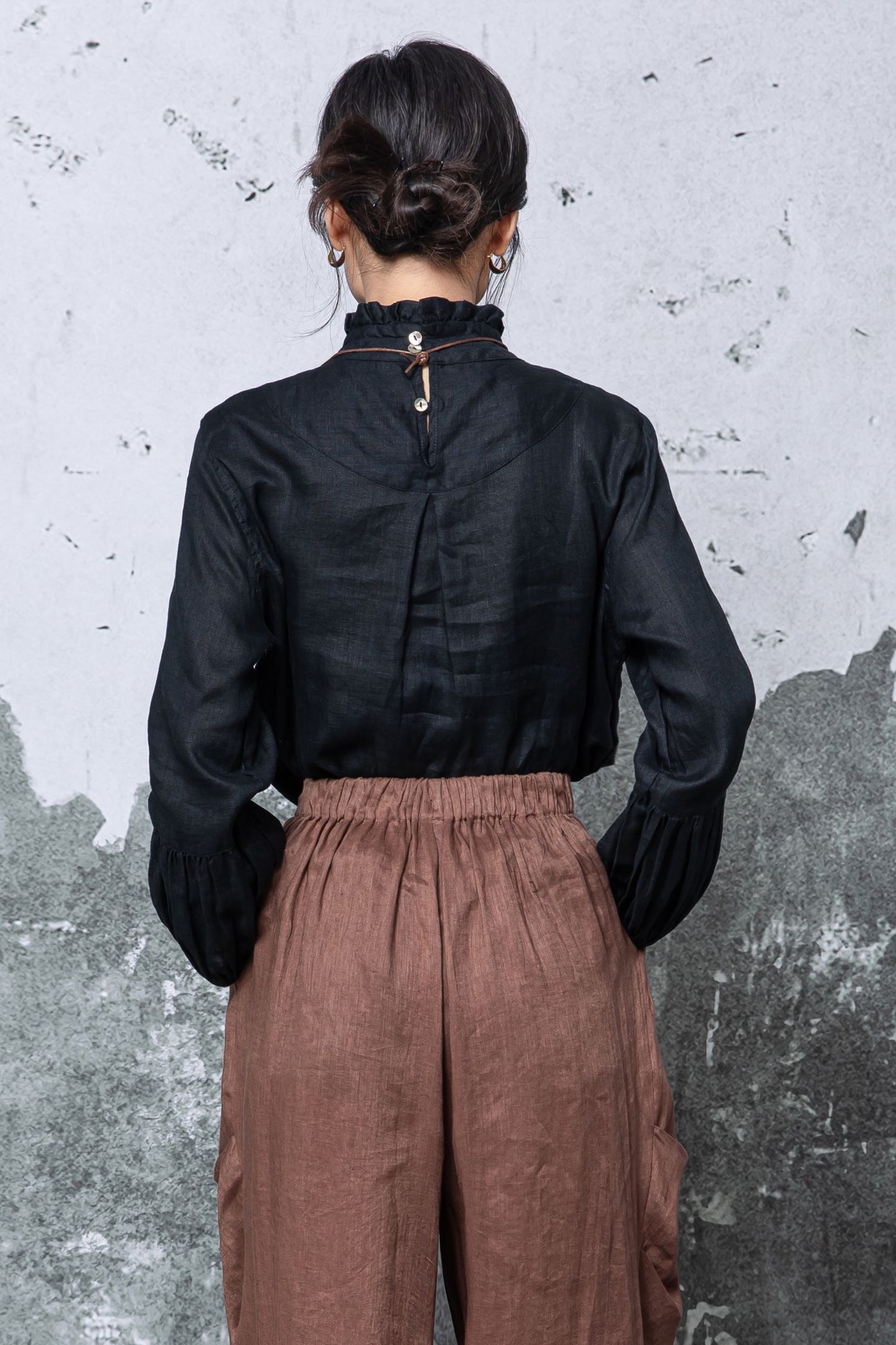 Black Linen Blouse - Loose Fit with Ruffle Neck c5461