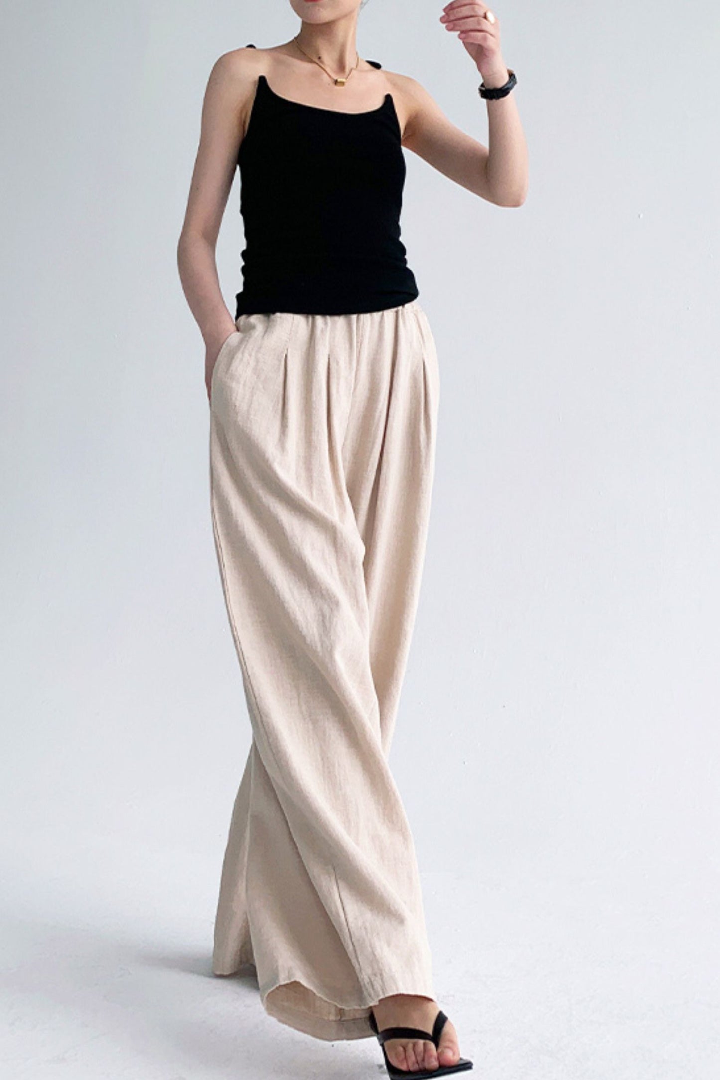 Elastic waist wide leg linen pants L0606