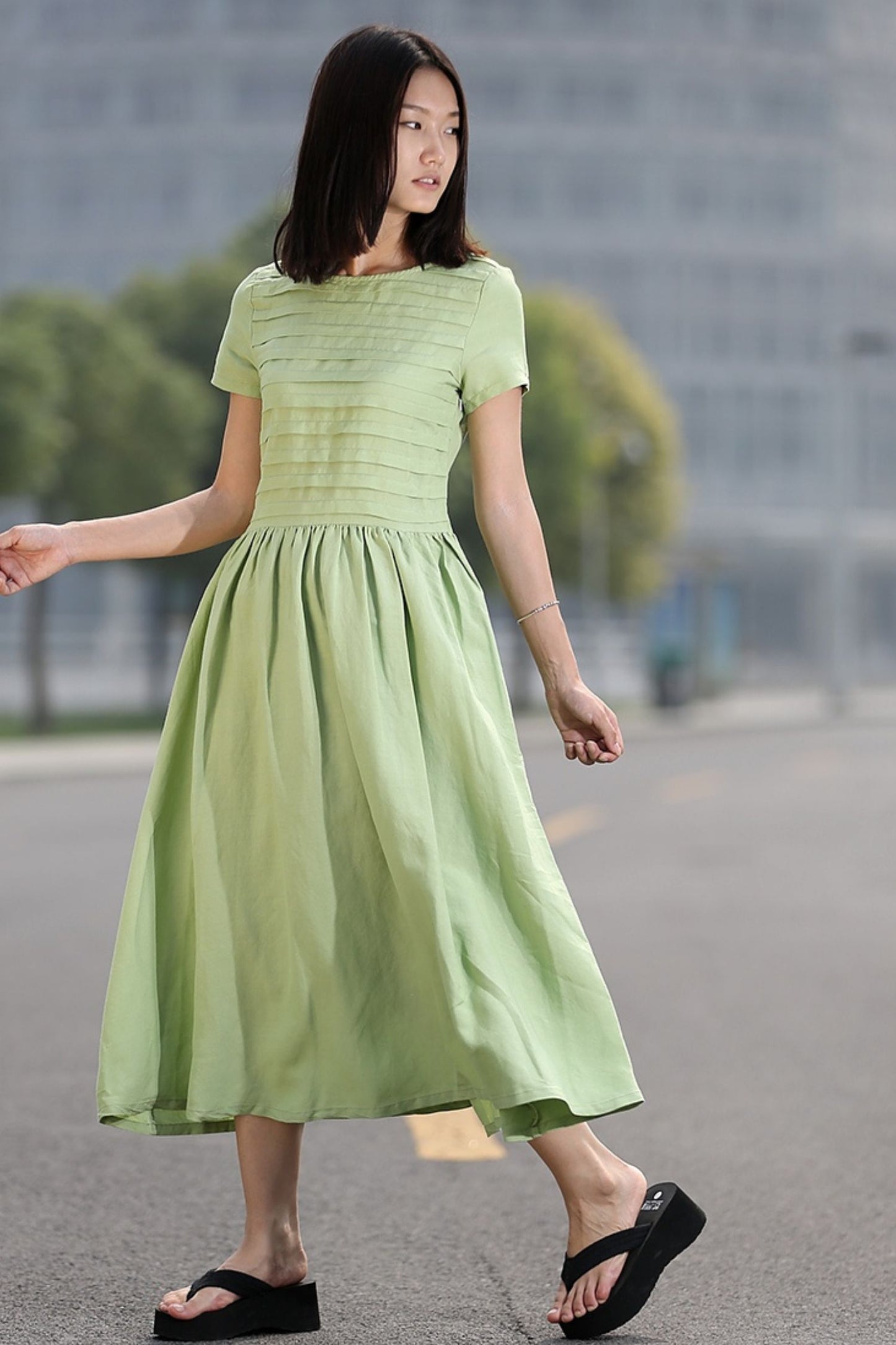Loose Fitting Short Sleeve Unique Sweep Summer Dress in Lemon Green C258