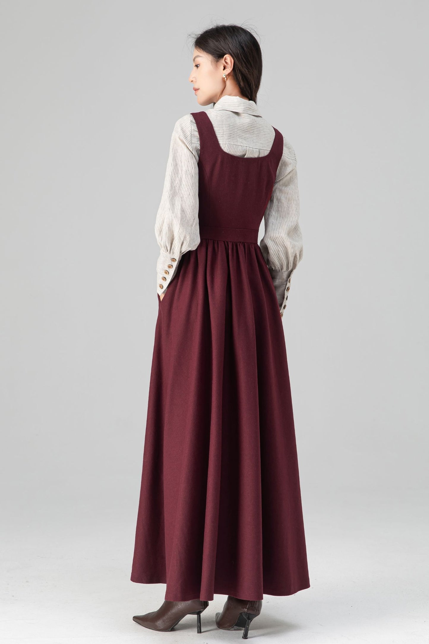 Dark Red Women's Pinafore Wool Dress C5205
