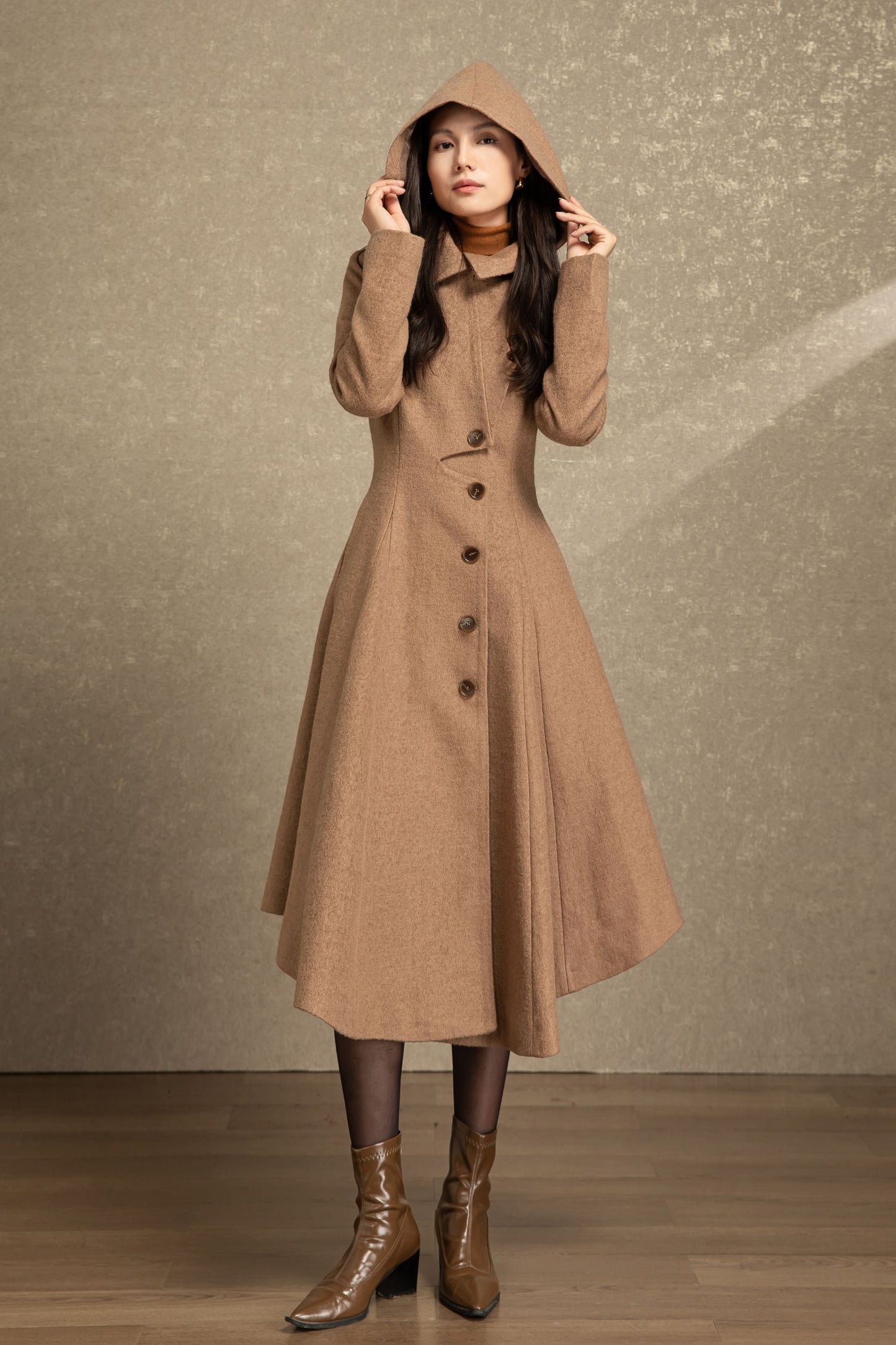 Handmade hooded maxi wool coat C4493