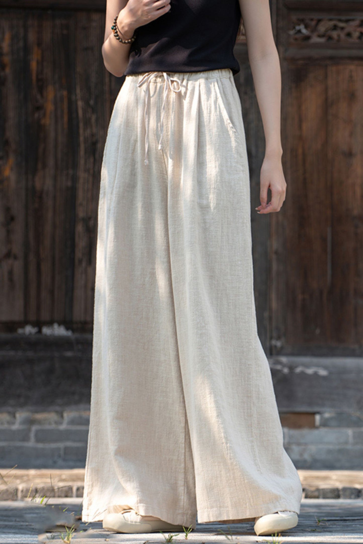 Elastic waist wide leg linen pants L0615