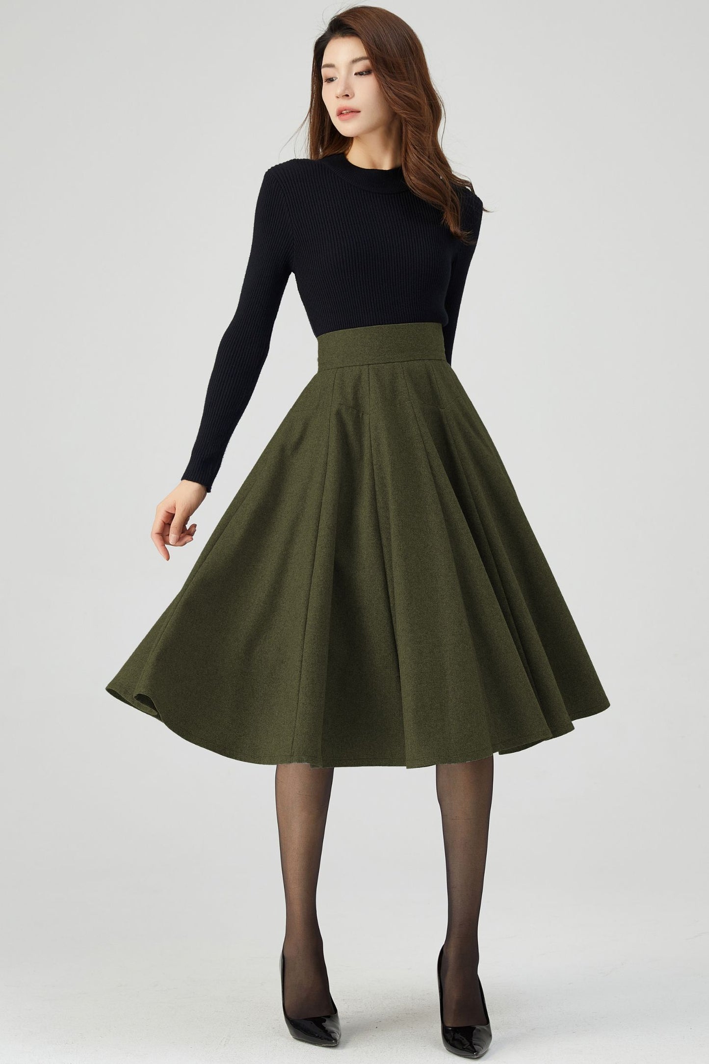 Women Knee Length Army Green Wool Skirt C4526