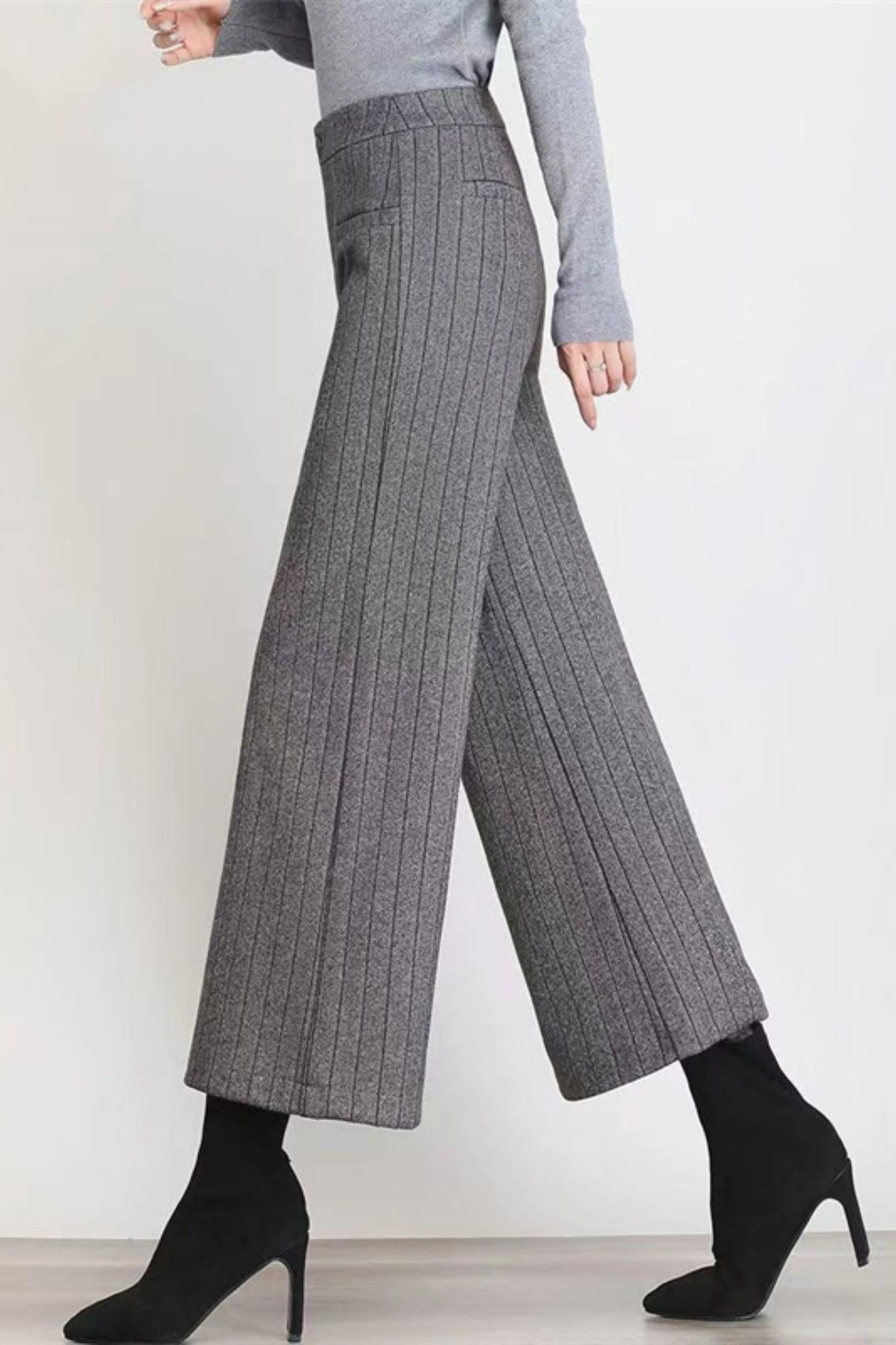 Wide leg womens wool pants with pockets c5078