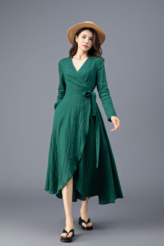 Green Linen Midi Dress - Wrap V-Neck with Pockets C3914