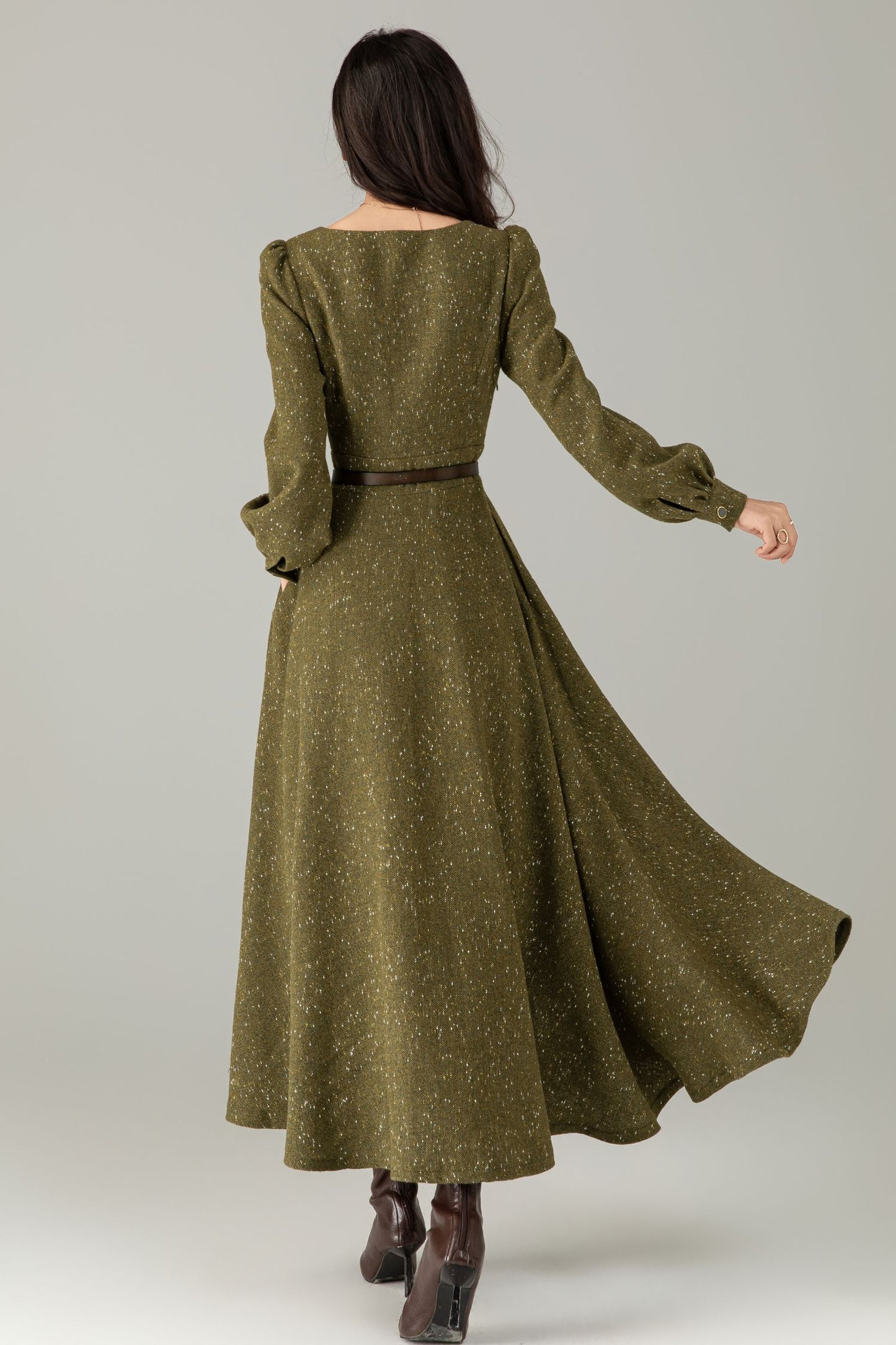 Olive Tweed Wool Maxi Dress — Vintage Button‑Front A‑Line with Pockets C5243