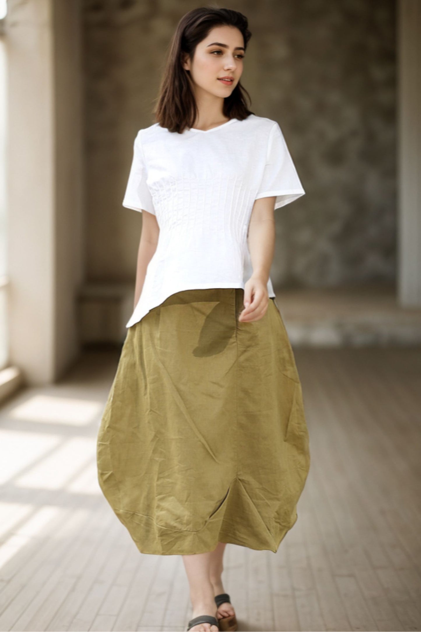 Linen Maxi Skirt - Flower Bud Shape Romantic Feminine Trending Womens Skirt C287