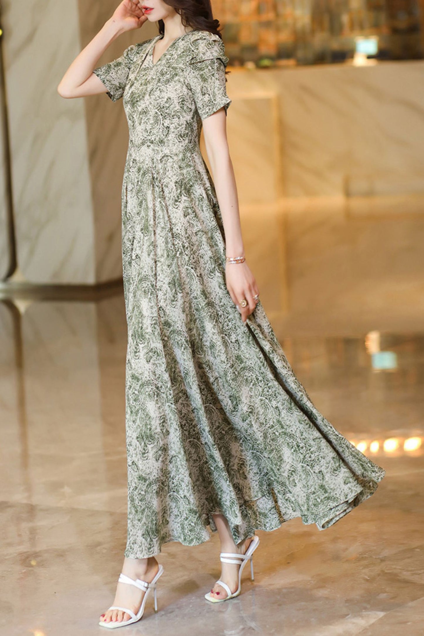 French summer white green dress C4117