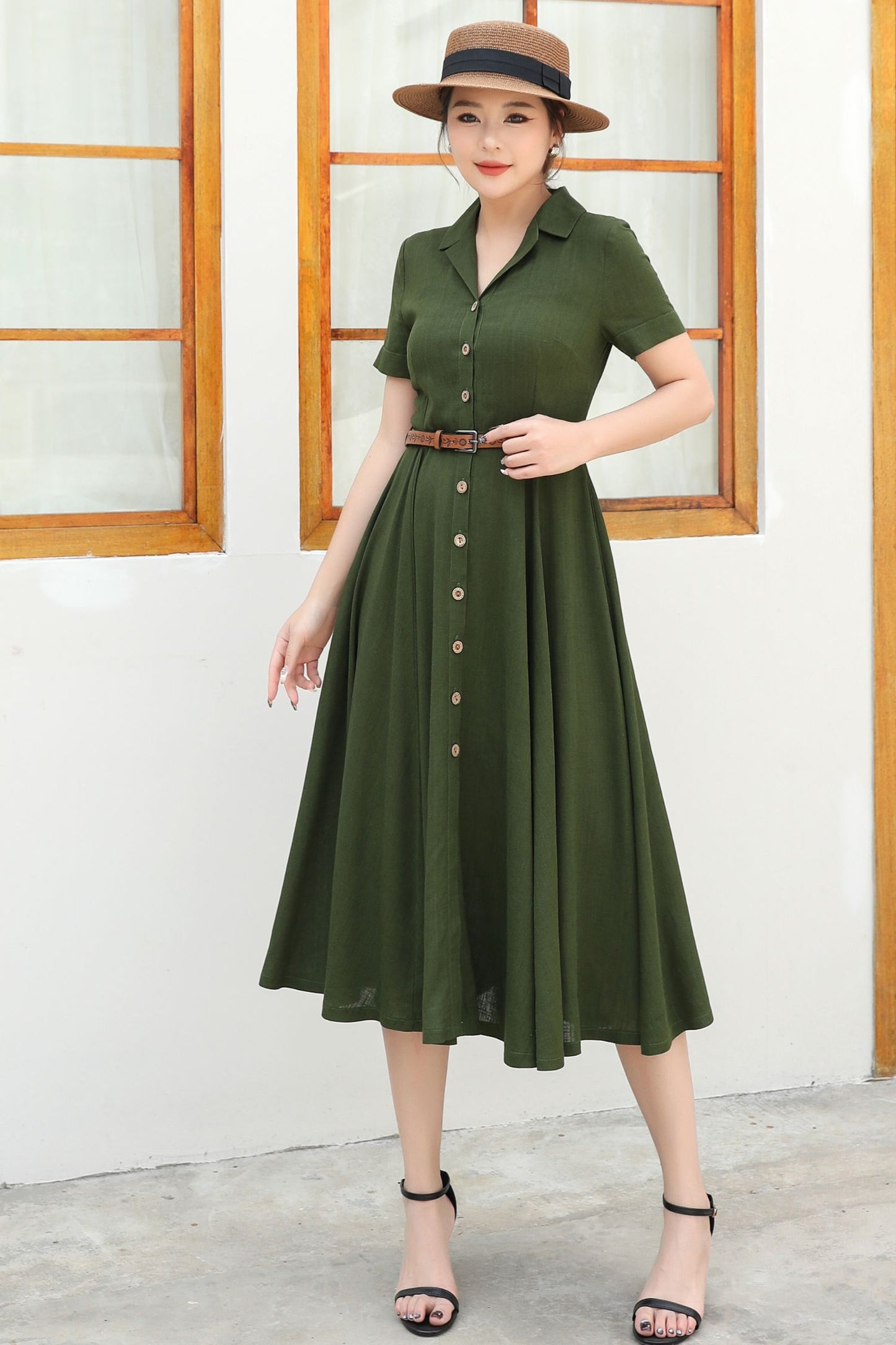 Green Linen Summer Shirt dress c4833