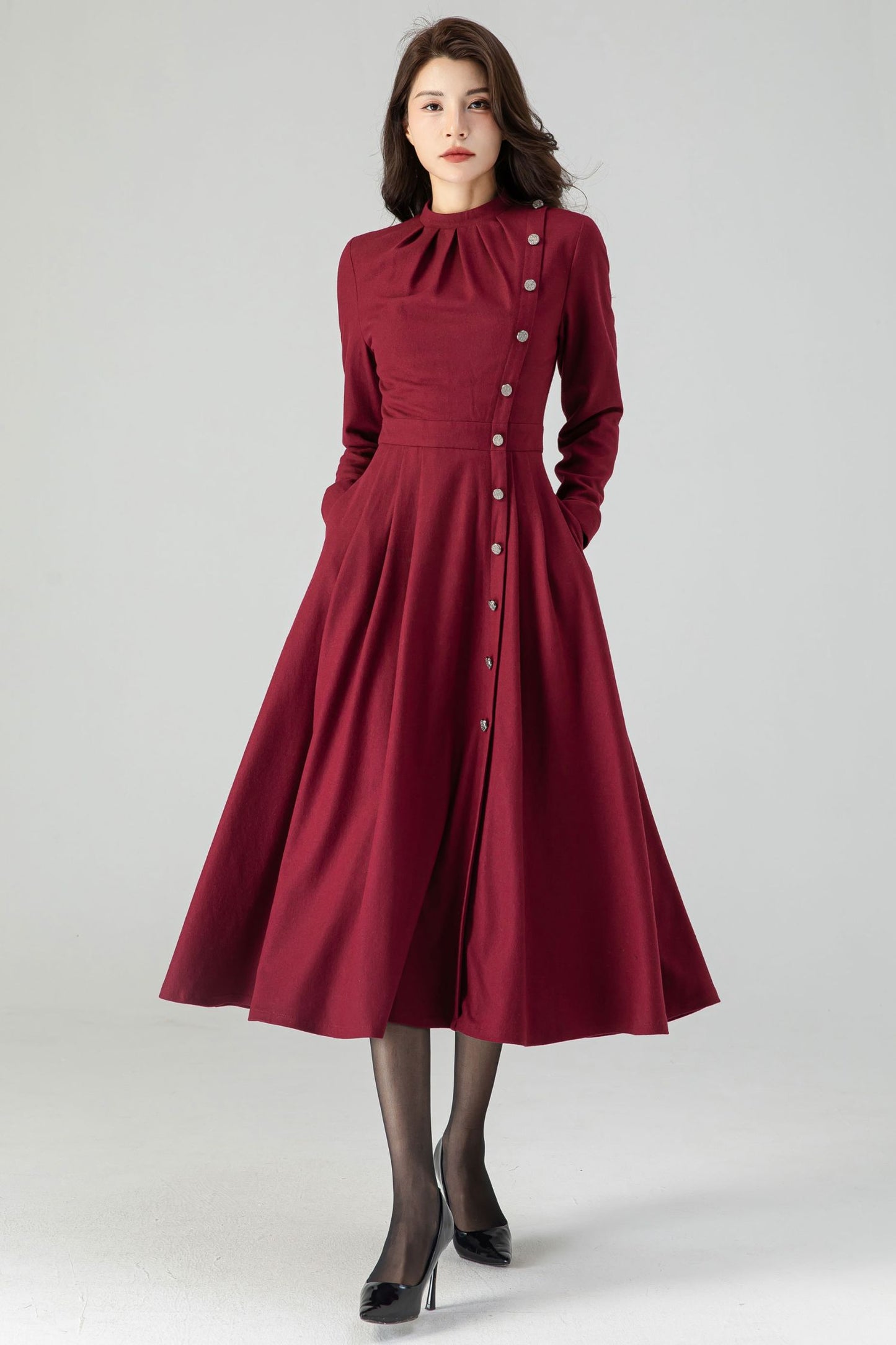 Autumn Midi Wool Burgundy Dress C3609-Size XS US2 #CK2301031