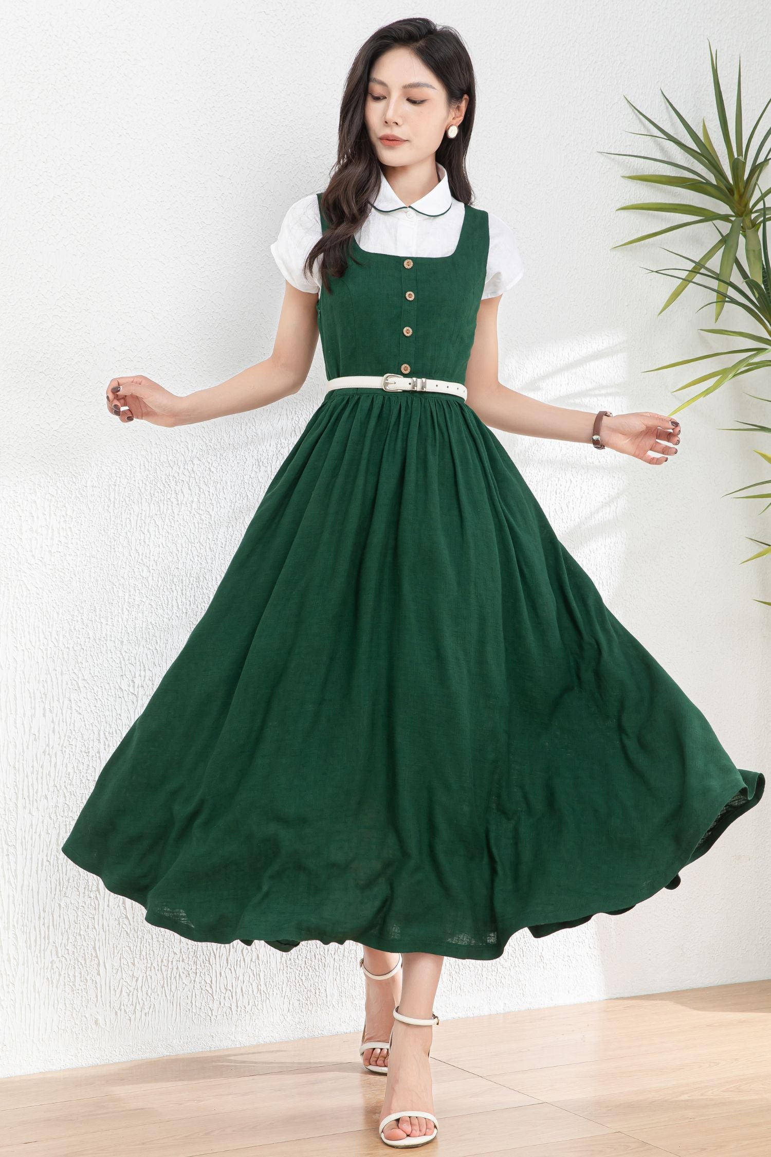 Summer Green Linen Pinafore Dress c4983 YLISTYLE Summer Green Linen Pinafore Dress c4983 YLISTYLE