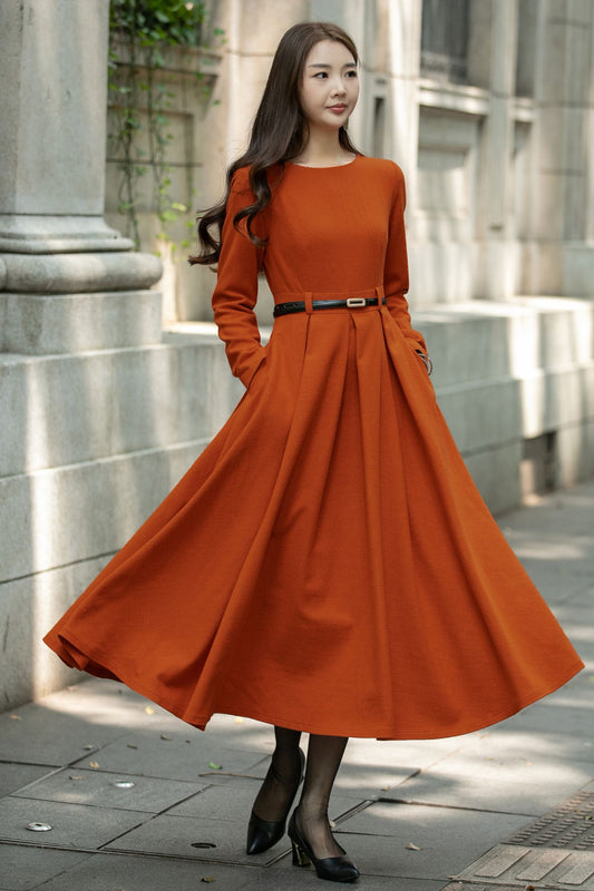 Rust Wool Maxi Dress - Pleated Swing Silhouette with Belt c4482