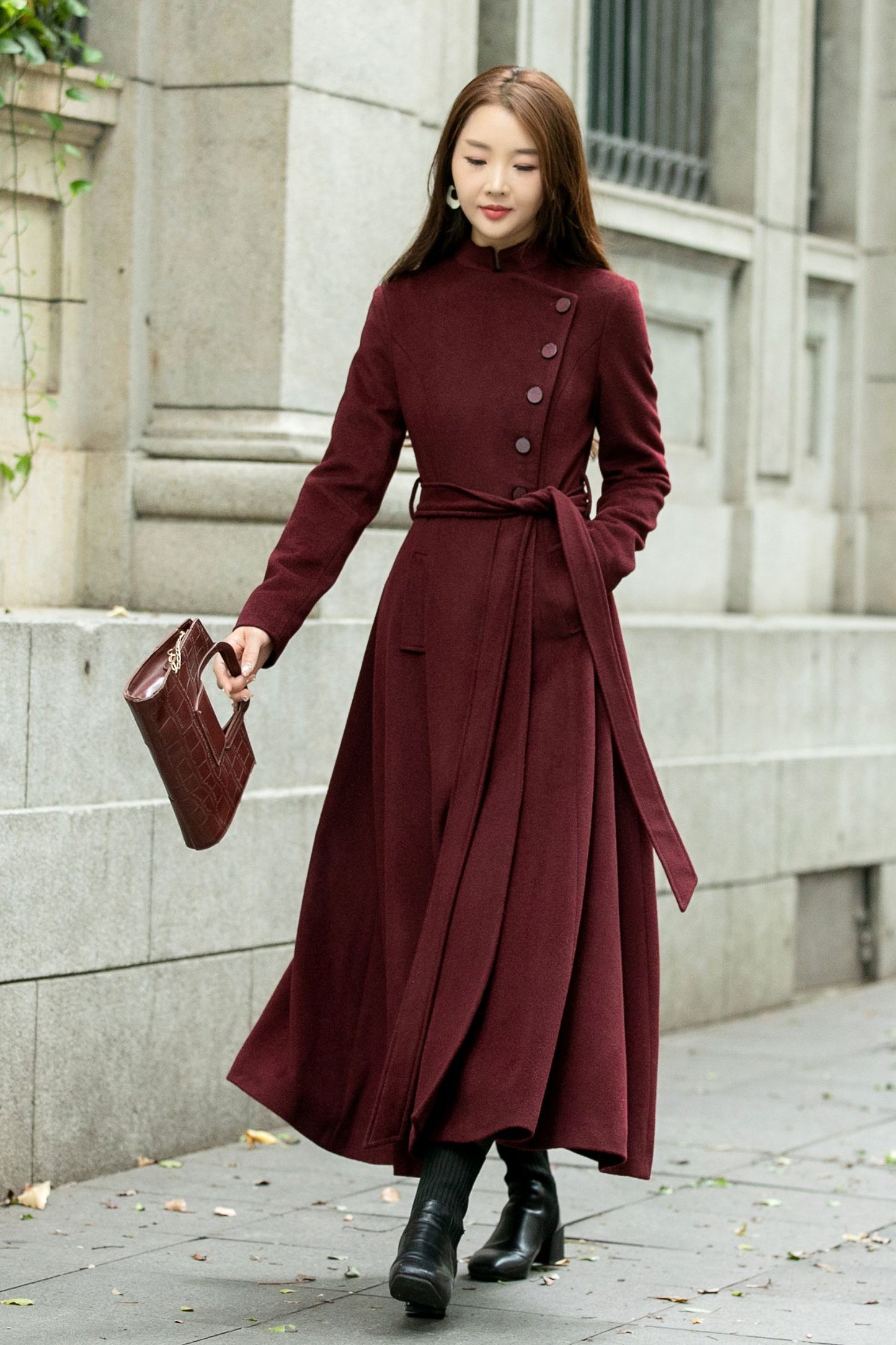 Burgundy long winter wool coat C4502