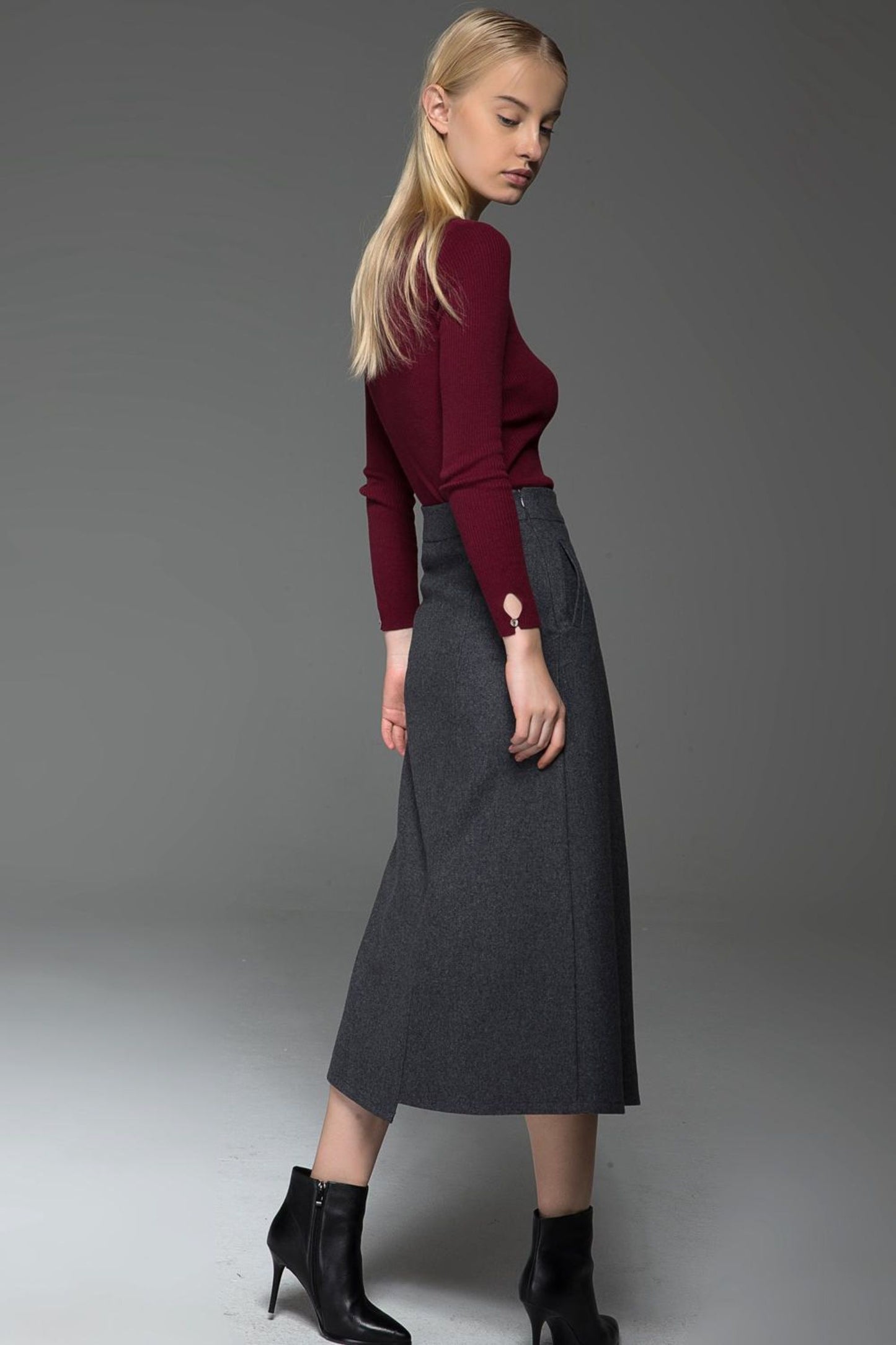 Pleated gray a line winter wool skirt C770