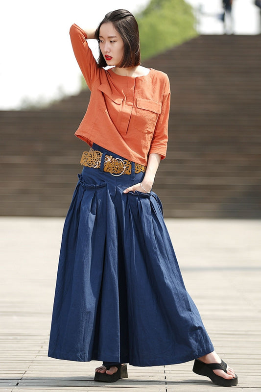 Blue Linen Maxi  Summer Skirt with Deep Waistband & Pockets C364