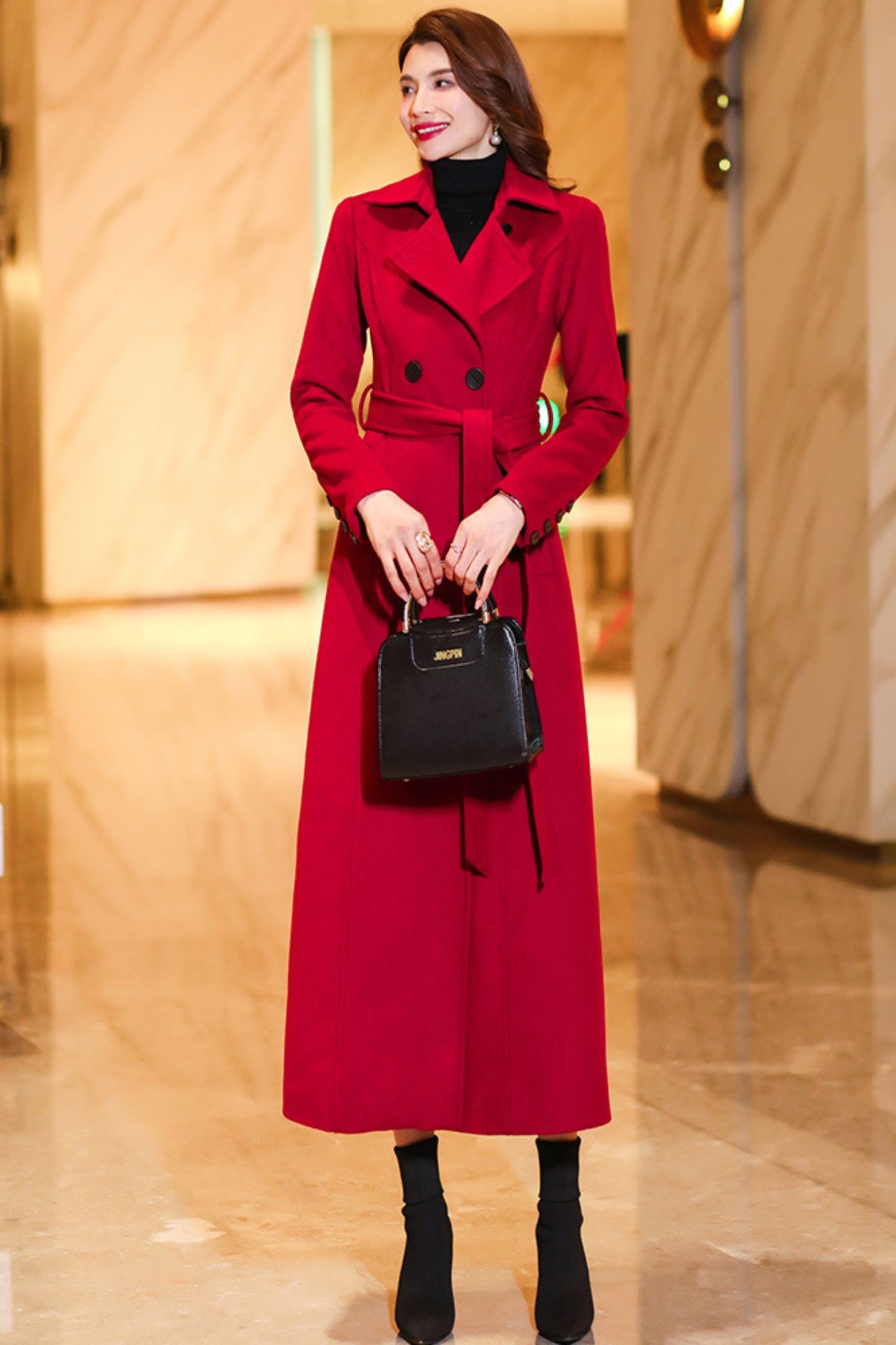 Women's Medium-length Red wool coat C3774