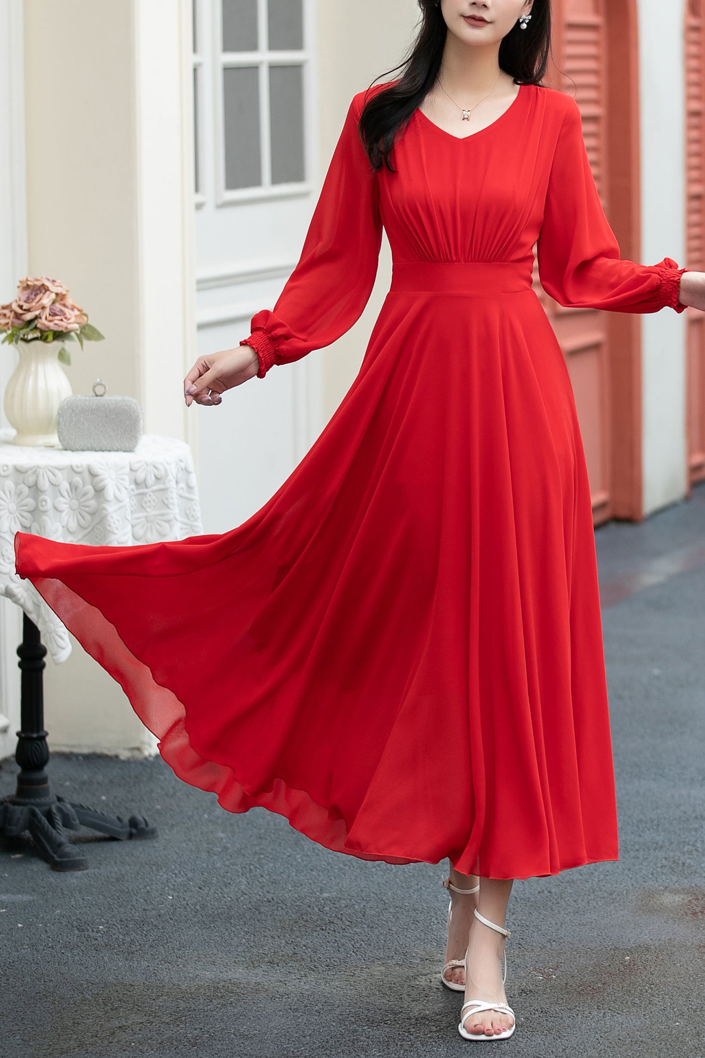 red fit and flare long chiffon dress C5039