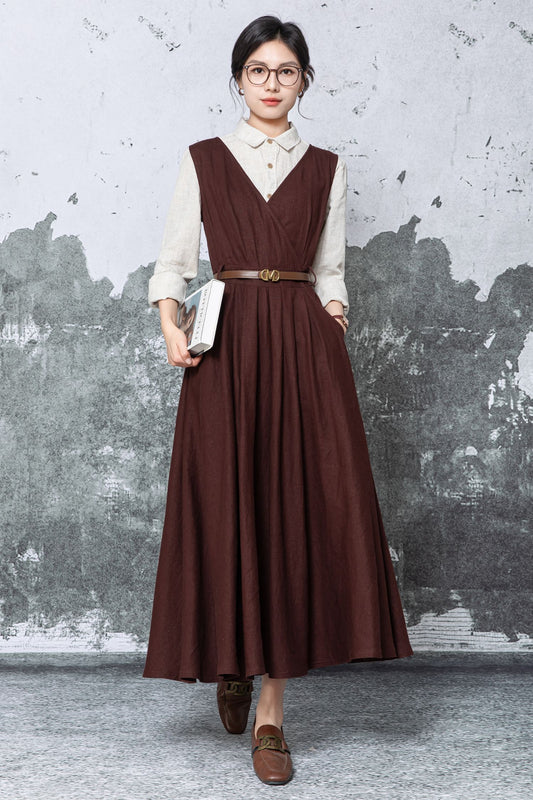 Brown Pinafore Maxi Dress: Sleeveless V-Neck Linen Dress with Tie Waist, Ylistyle C5478