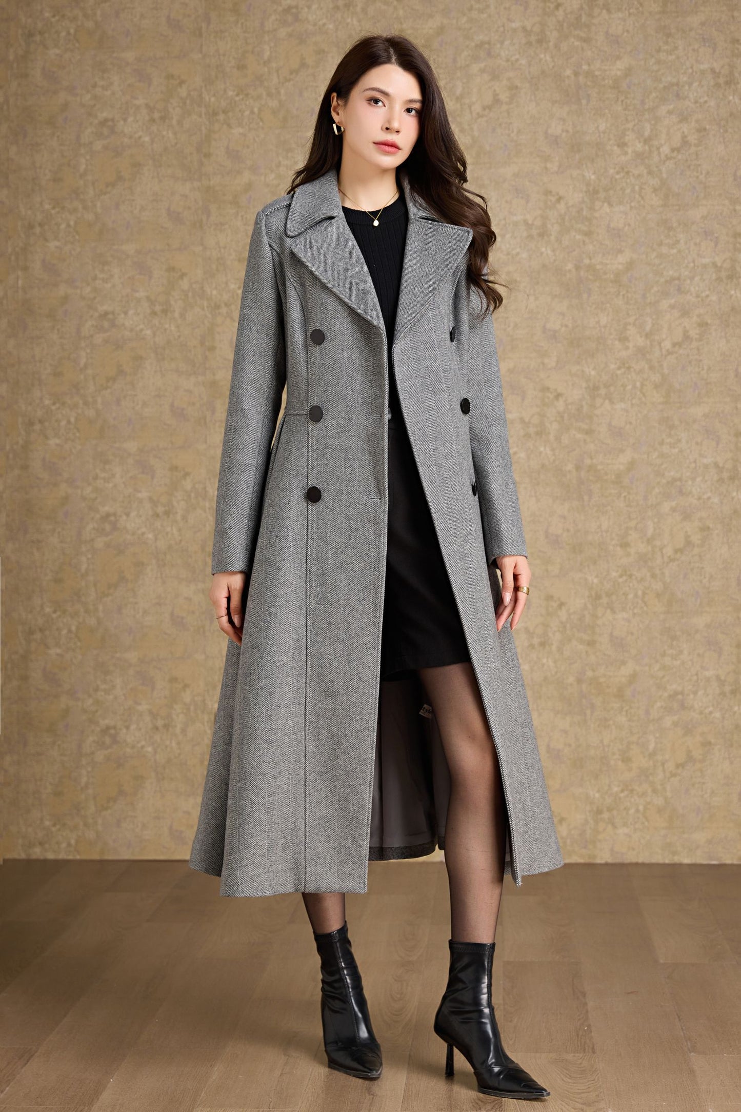 Fit and flare long wool coat women C4477