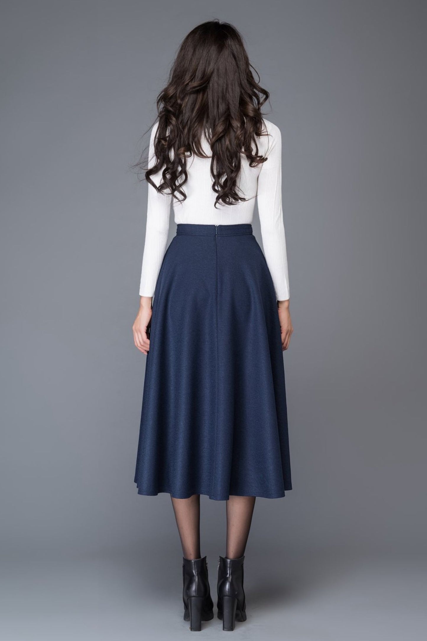 High waist blue midi winter wool skirt C1007