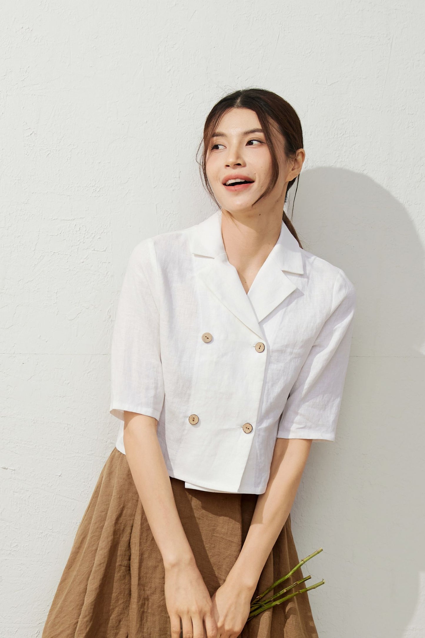 White Double Breasted Linen Shirt C3933