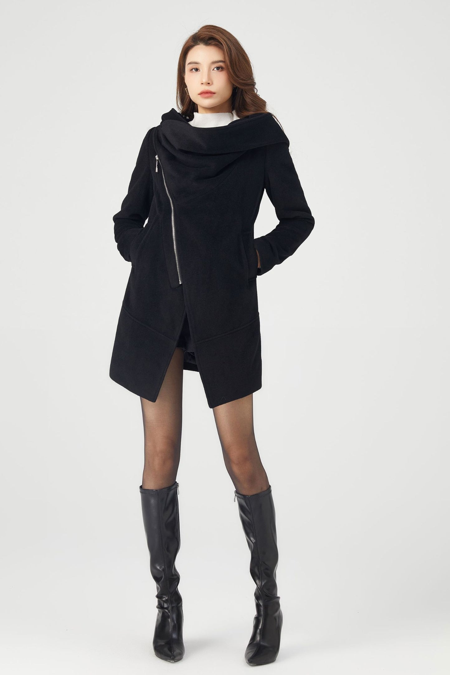 Black Hooded Asymmetrical Wool Coat C3680