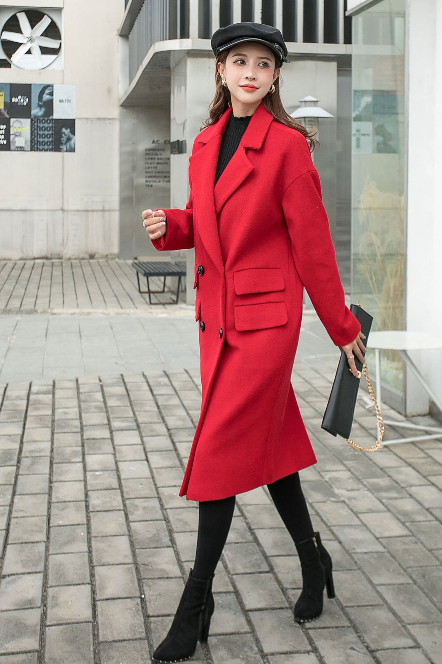 Wool Trench Red Coat Women C2569