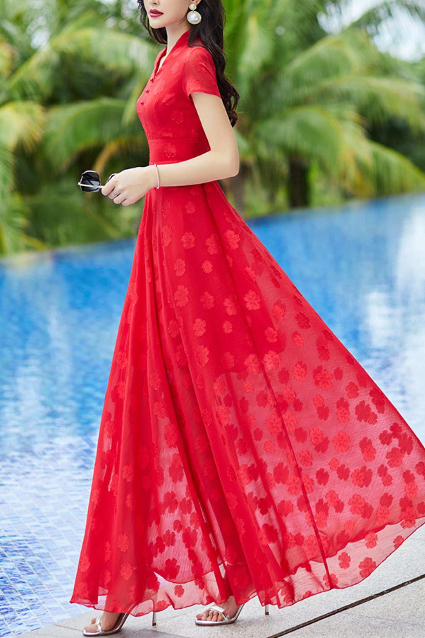 Red chiffon dress long C4065
