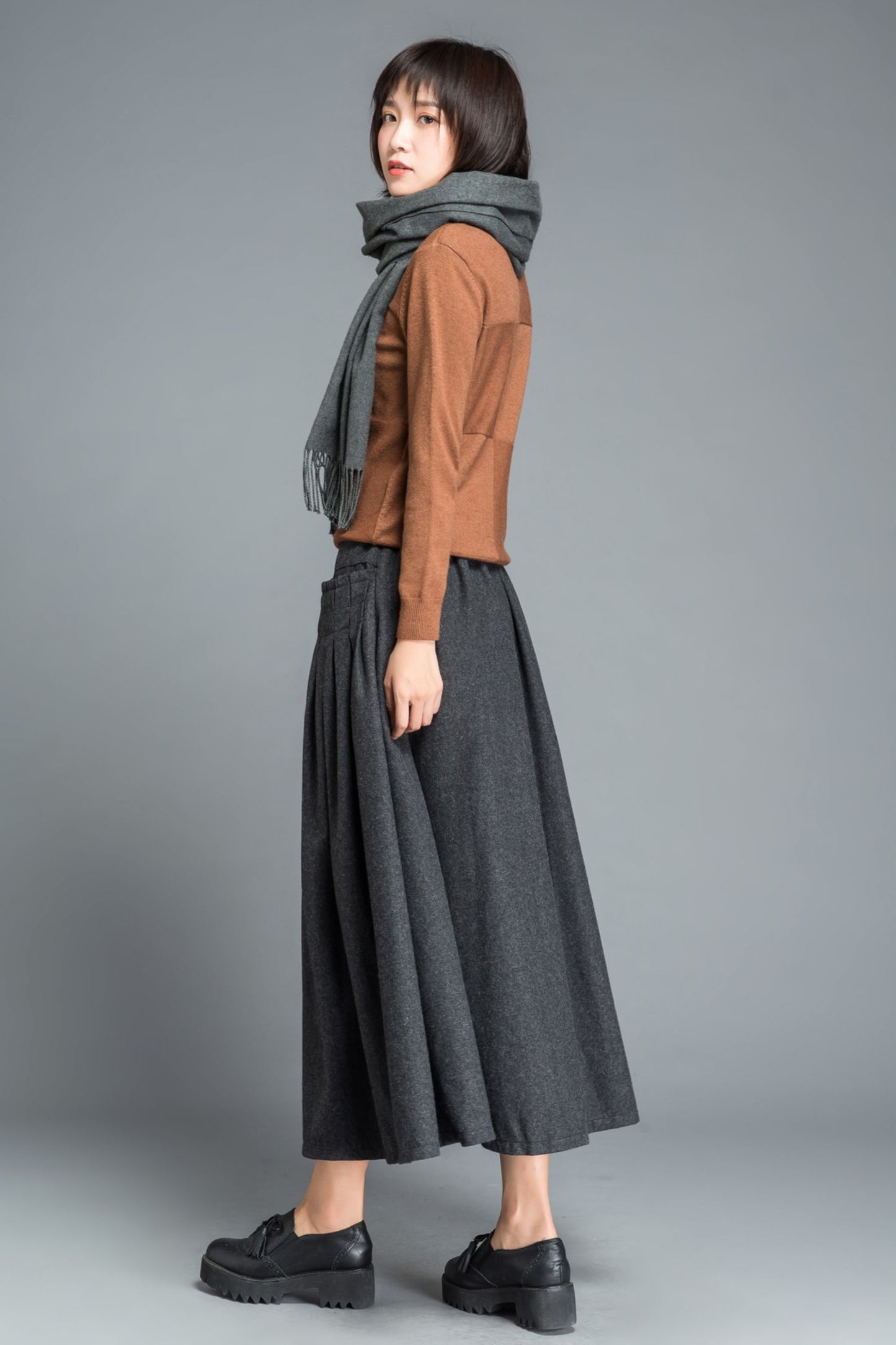 Winter gray wool maxi skirt C1204