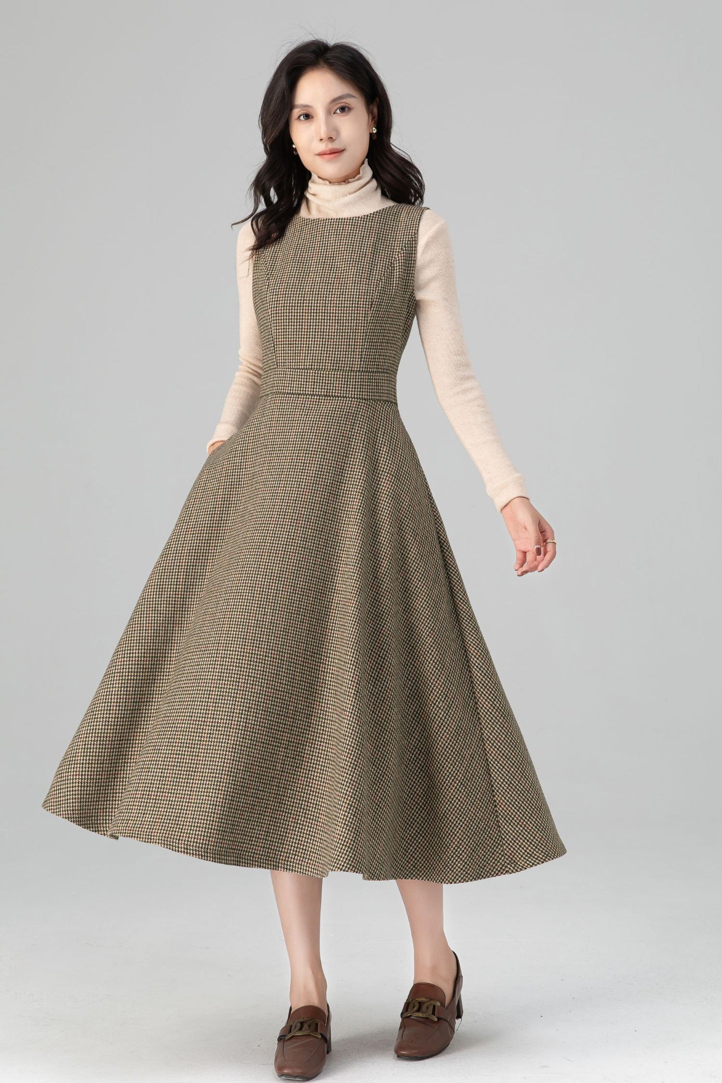 Autumn-Winter Plaid Sleeveless Midi Wool Dress C5206
