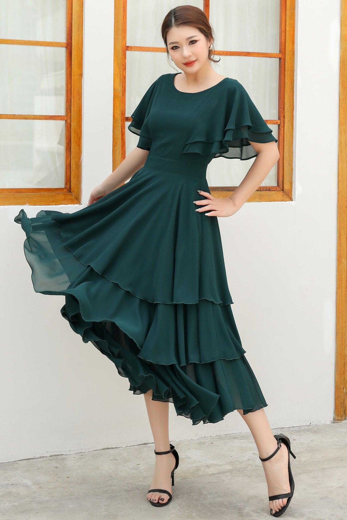 Green ruffle chiffon dress women C4832