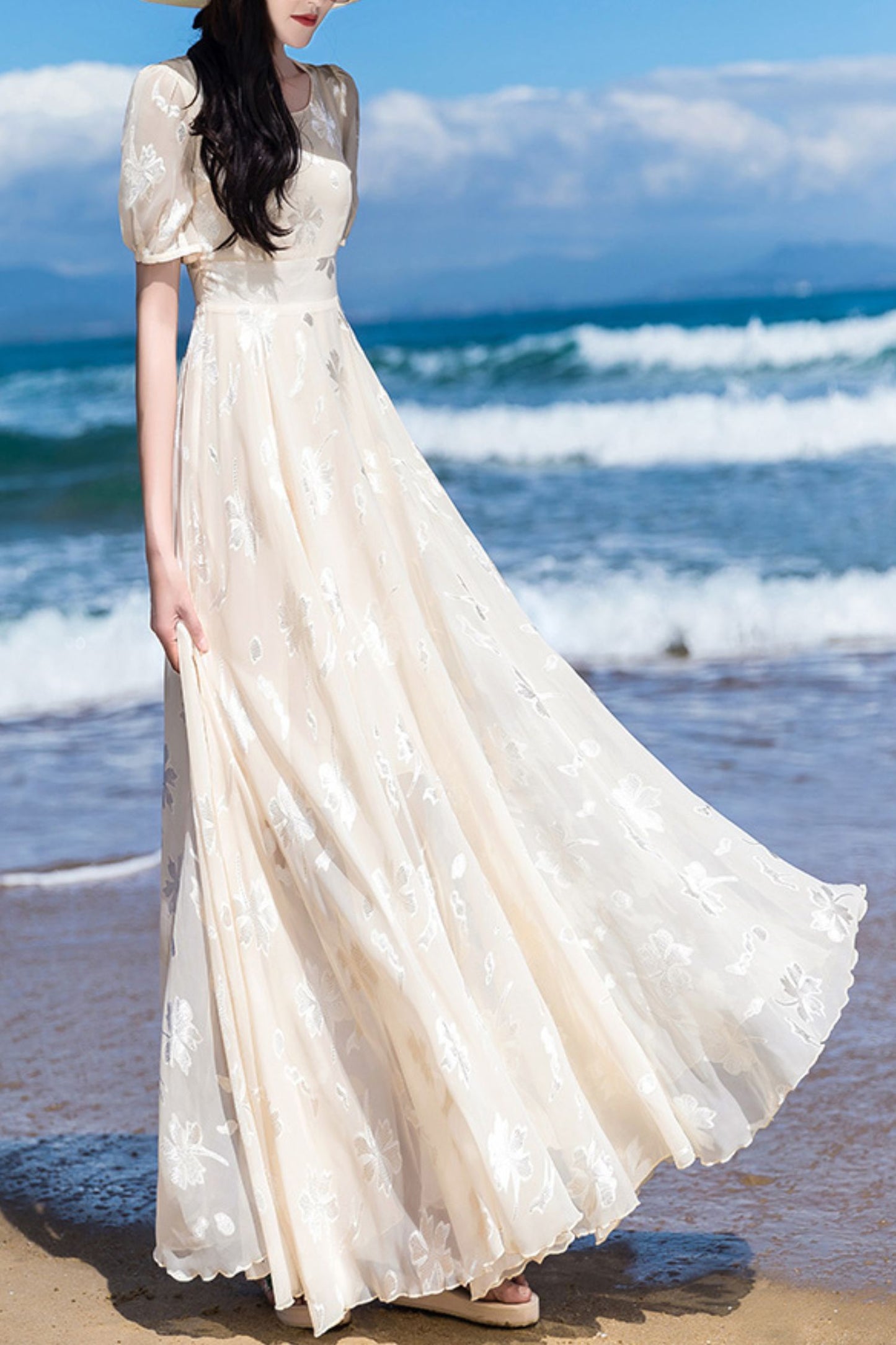 Beige chiffon women summer new long round neck dress C4092