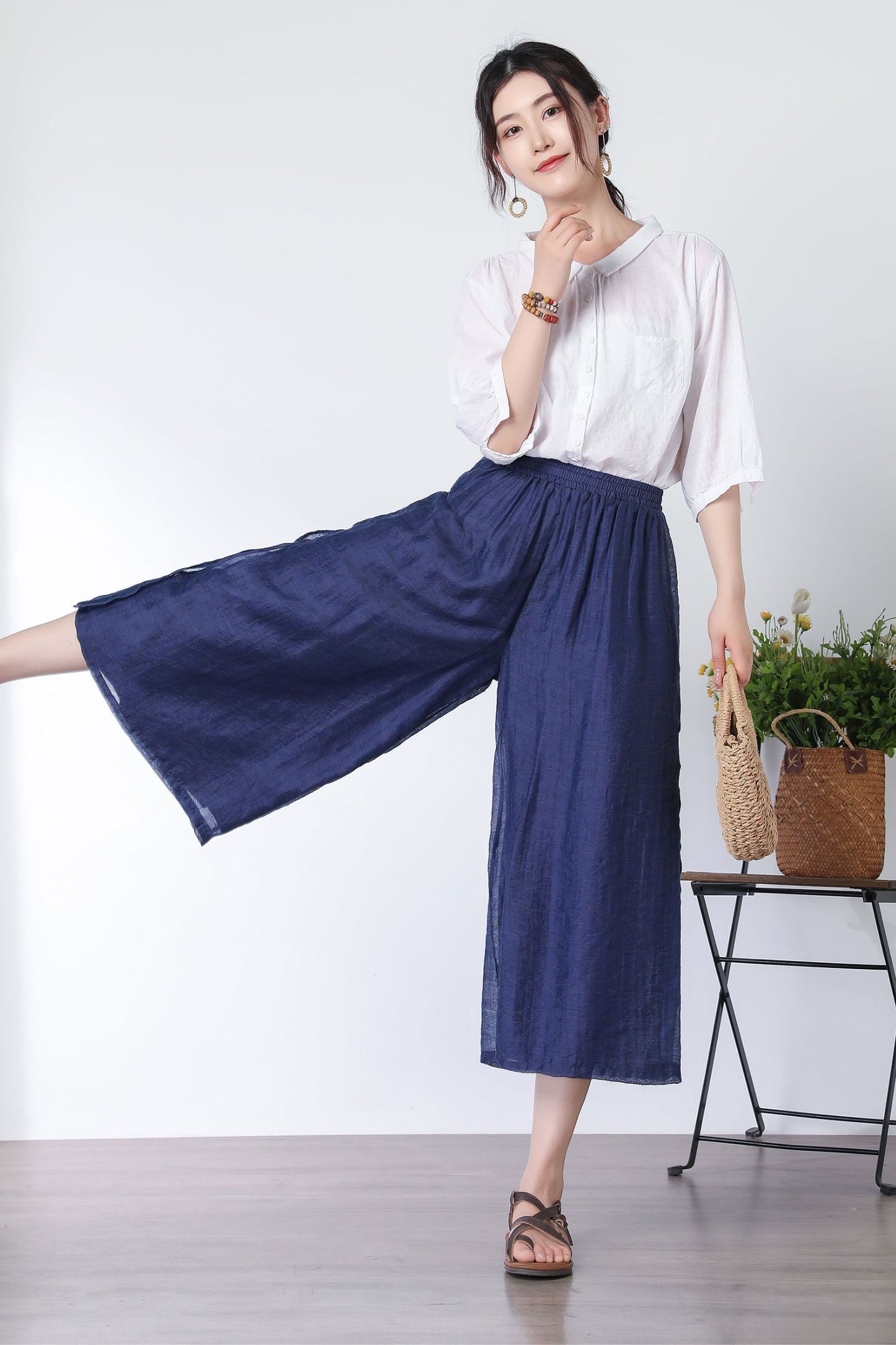 Navy wide legs elastic waist pants C3330