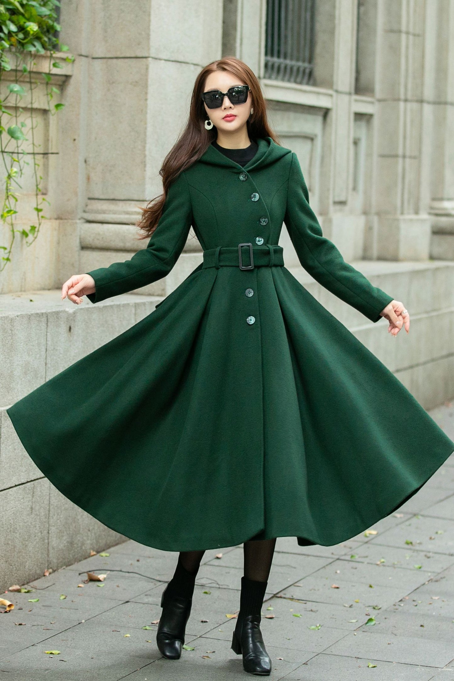 Swing green hooded wool coat C4503