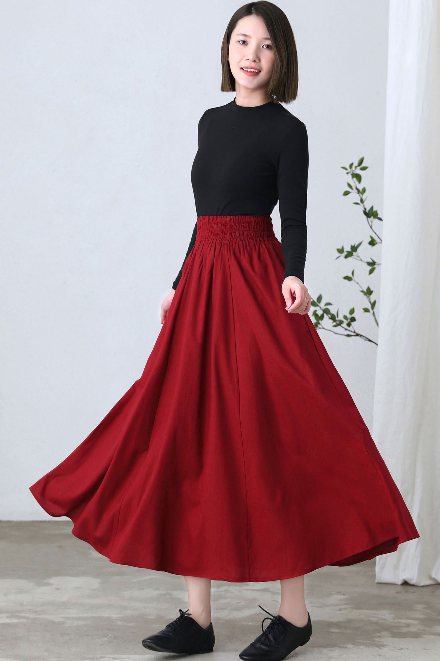 Red Maxi Linen Skirt, Full Swing Skirt C2610