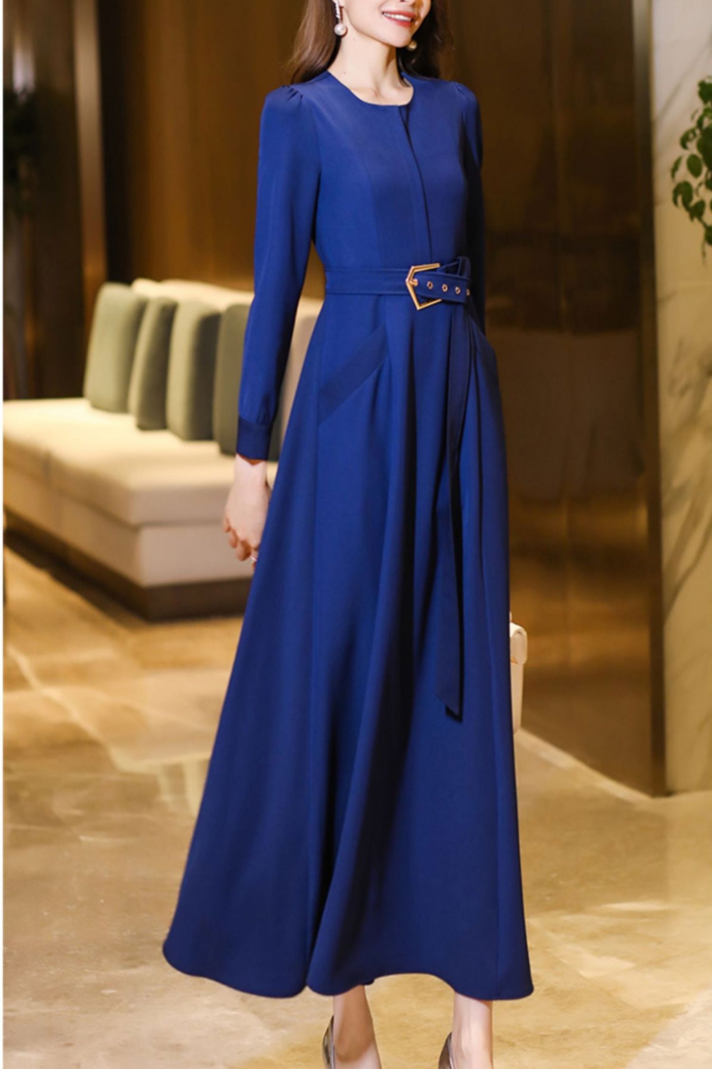 Navy blue long-sleeved spring and autumn dress C4192