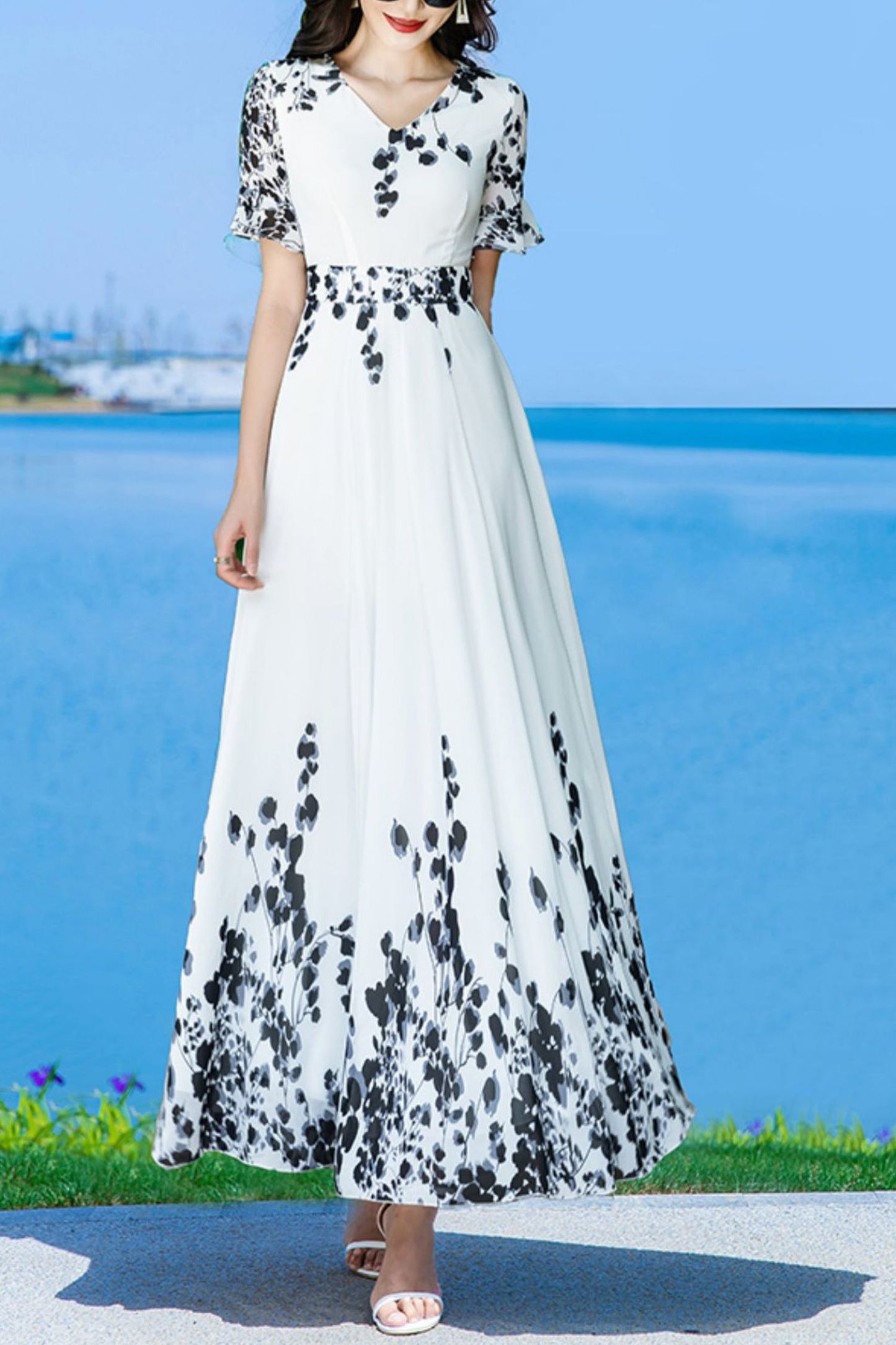 White women chiffon floral V-neck dress C3994