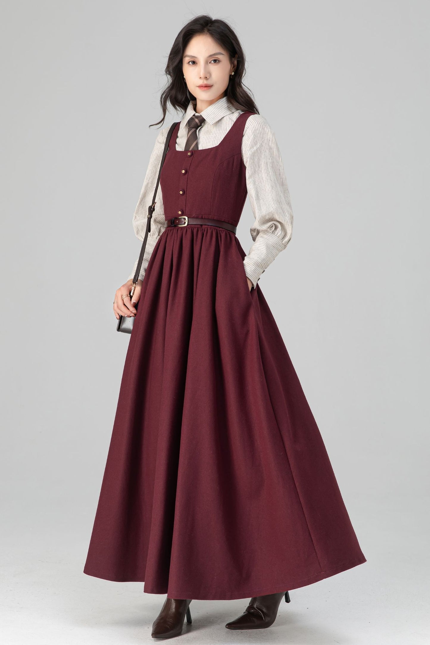Dark Red Women's Pinafore Wool Dress C5205