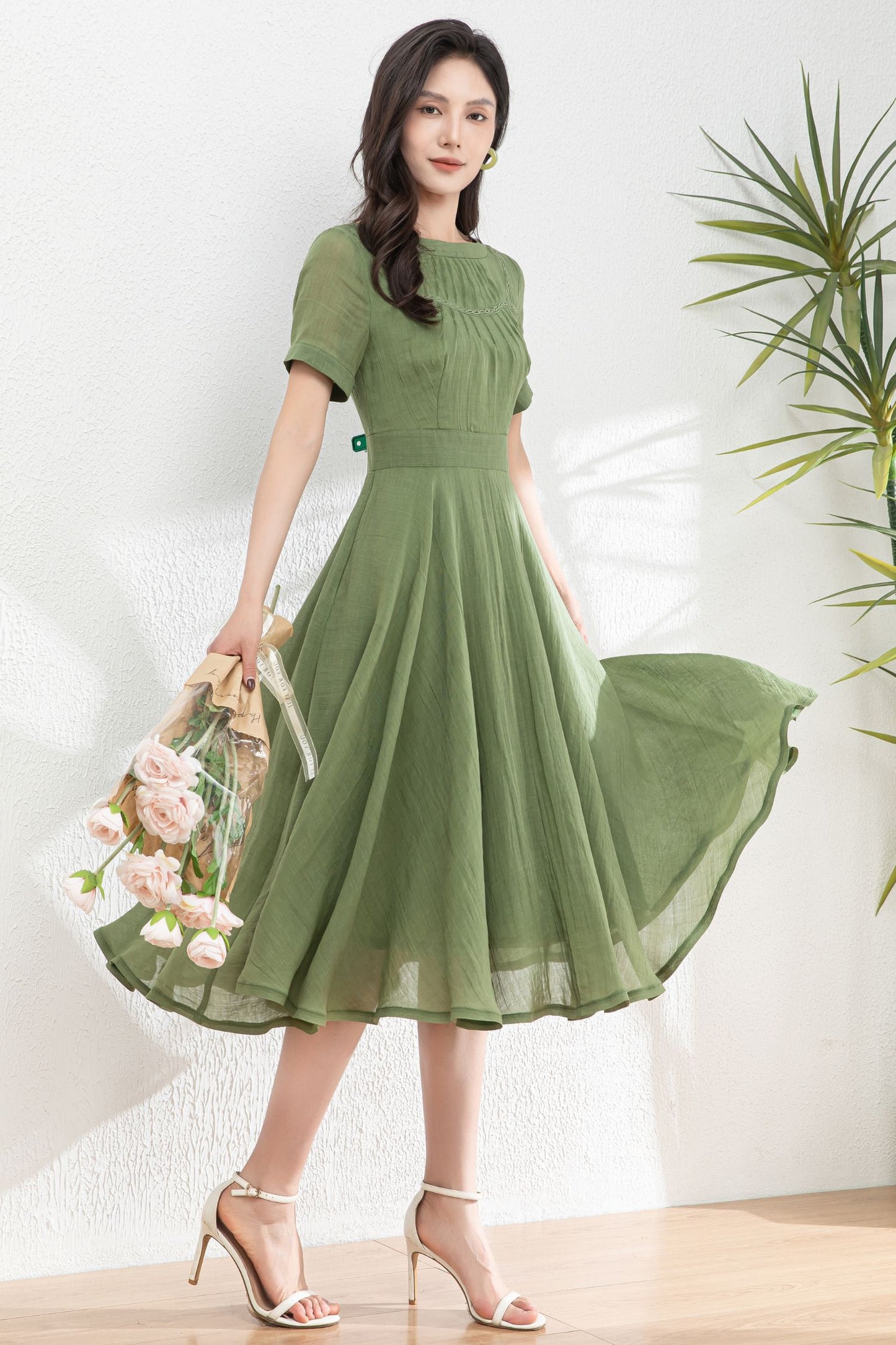 Green Women's swing Linen dress c4982