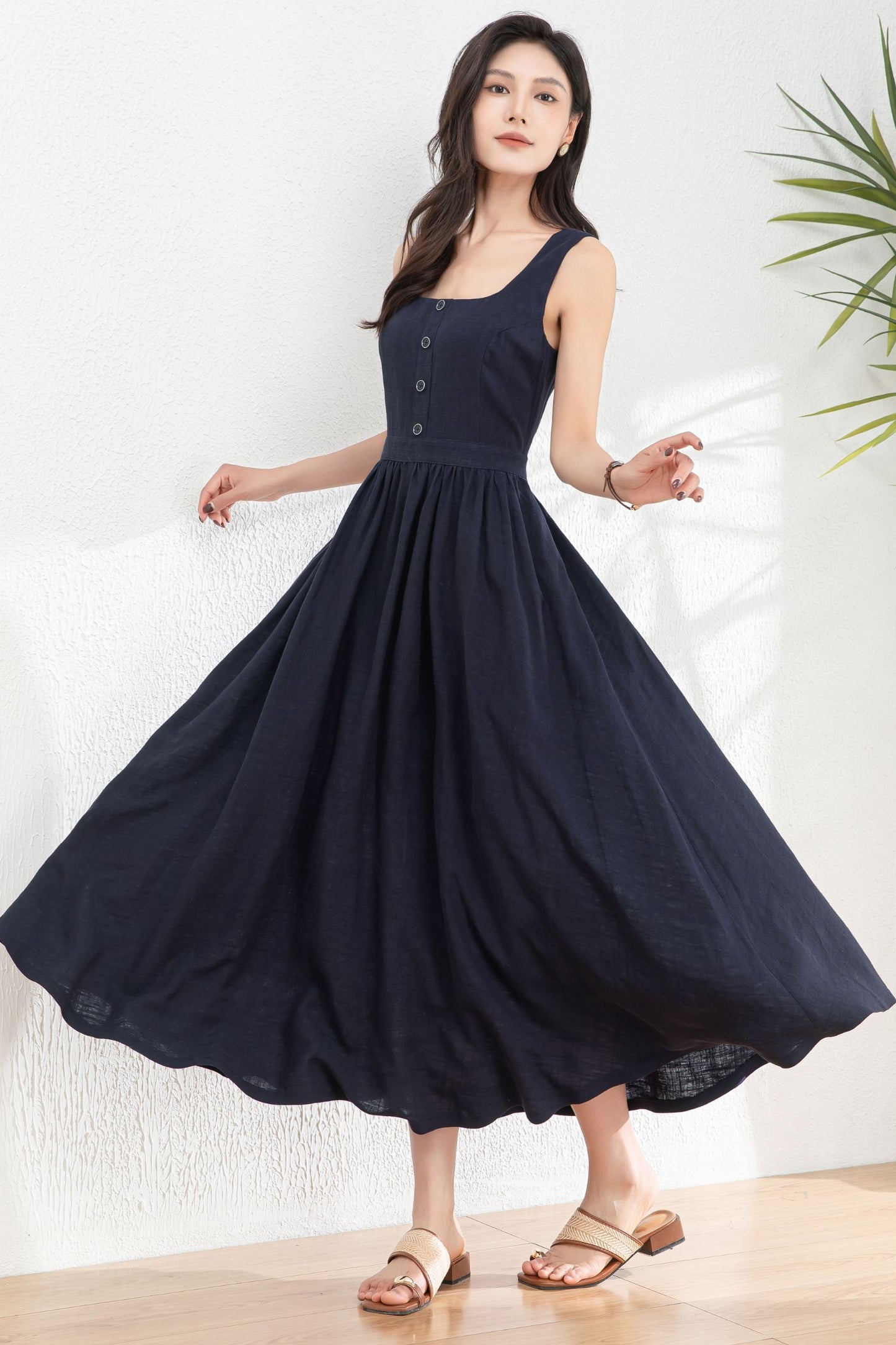 Square Neck Button Maxi Dress for Women c4984