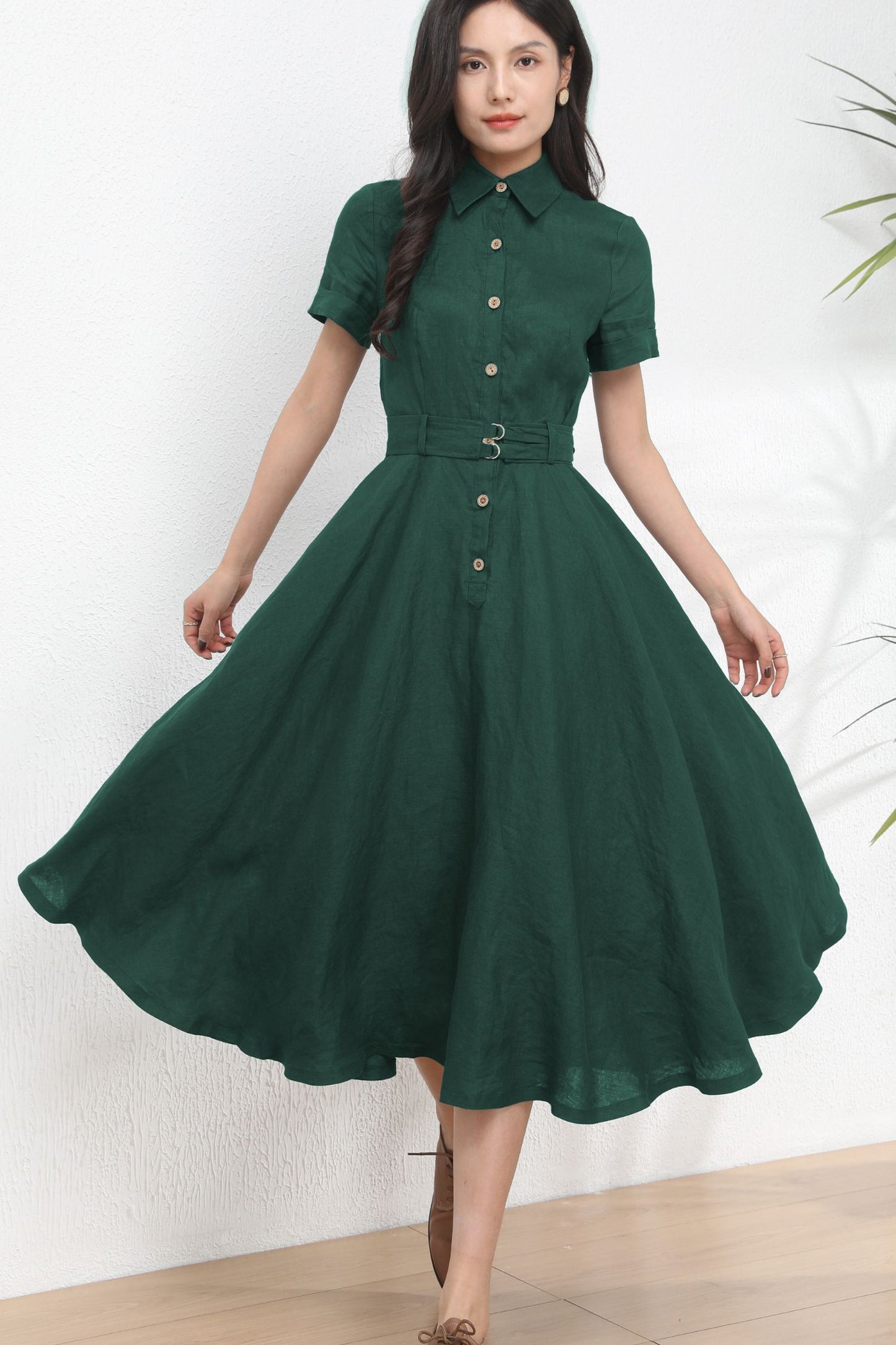 Dark Green Midi Linen Dress c4899