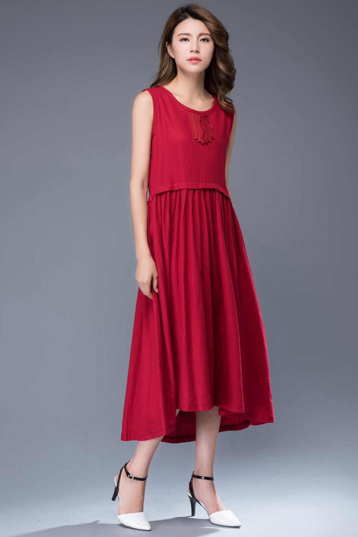 Red linen midi sleeveless loose summer dress C944