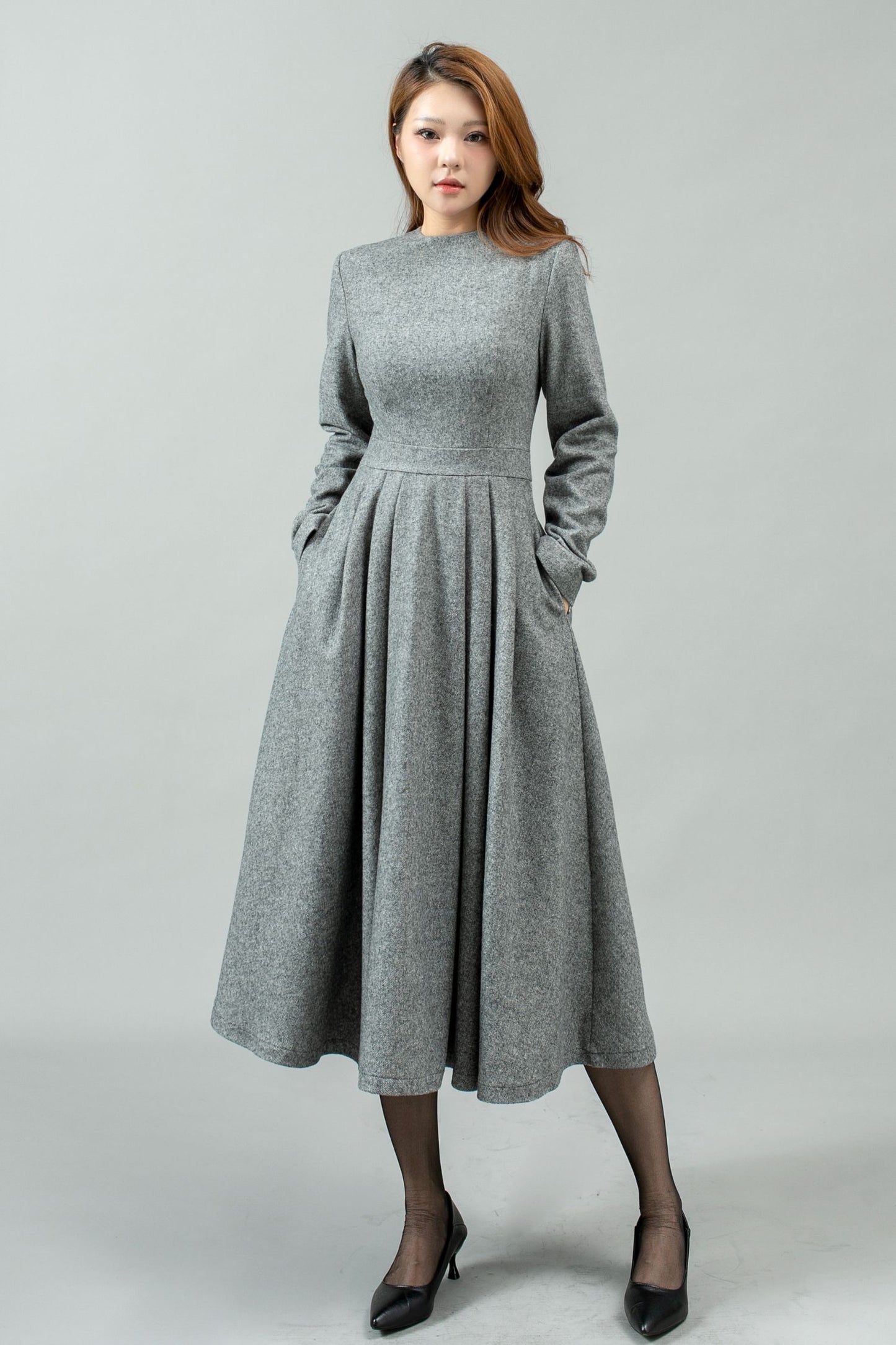 Women Swing Long Winter Wool Dress C4442