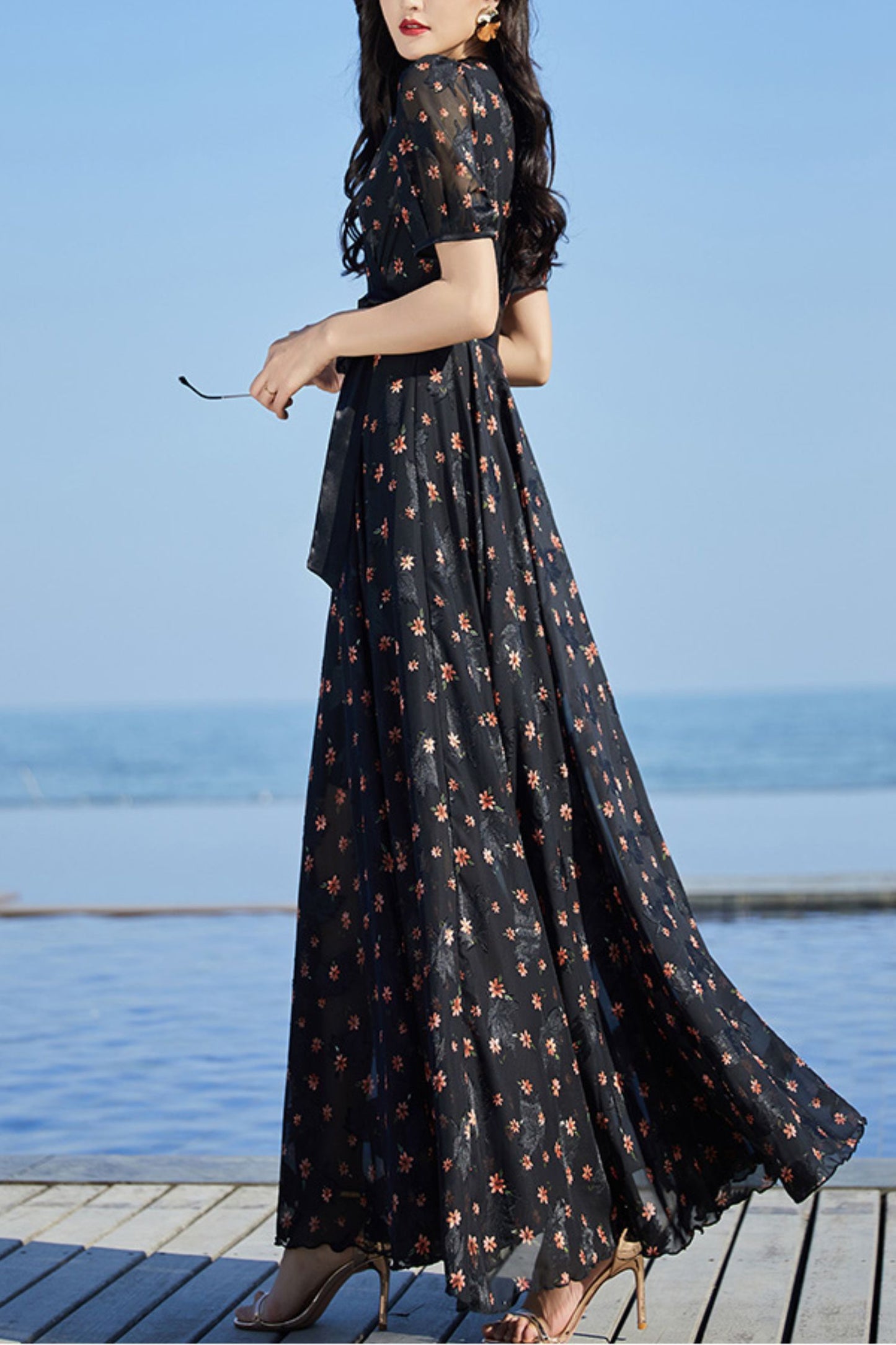 Black floral chiffon dress C4086