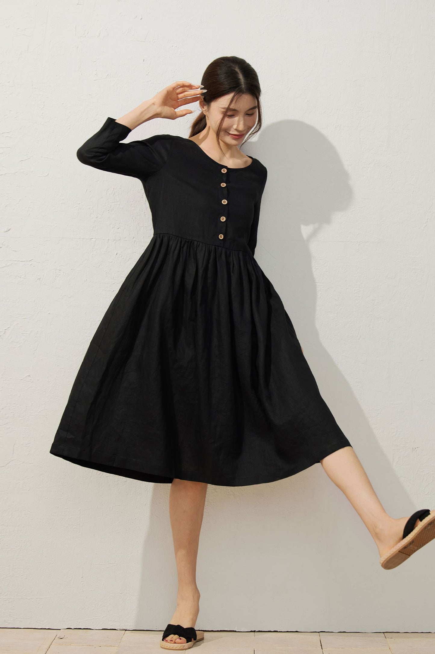 Black Linen Midi Dress with Button Detailing C3925