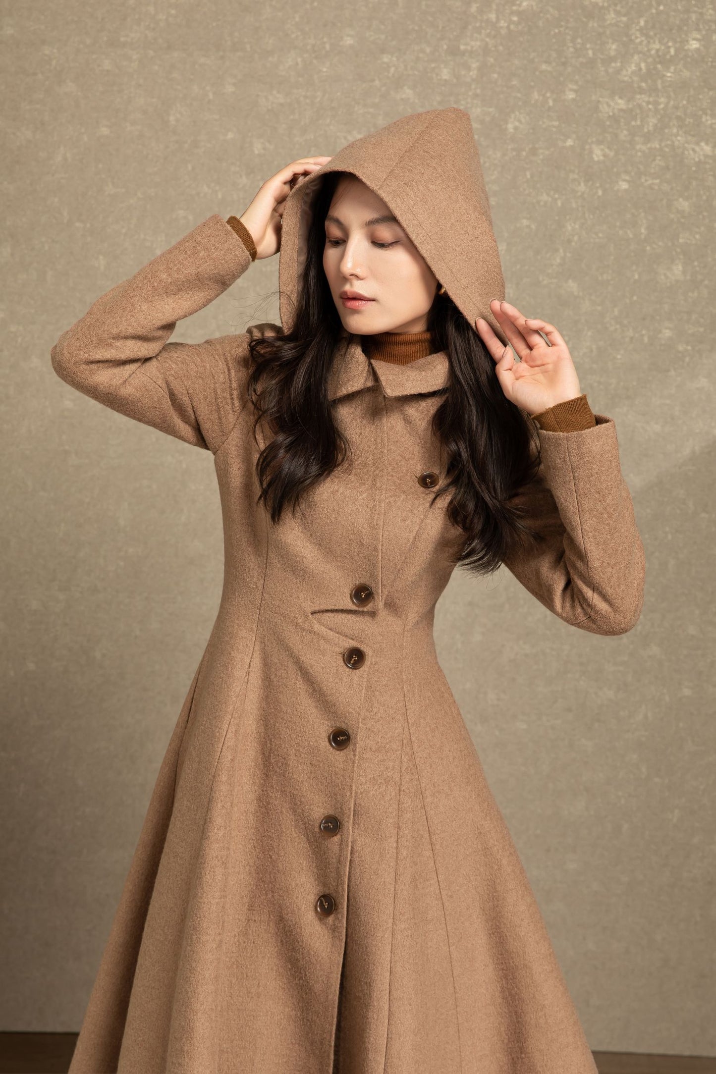 Handmade hooded maxi wool coat C4493