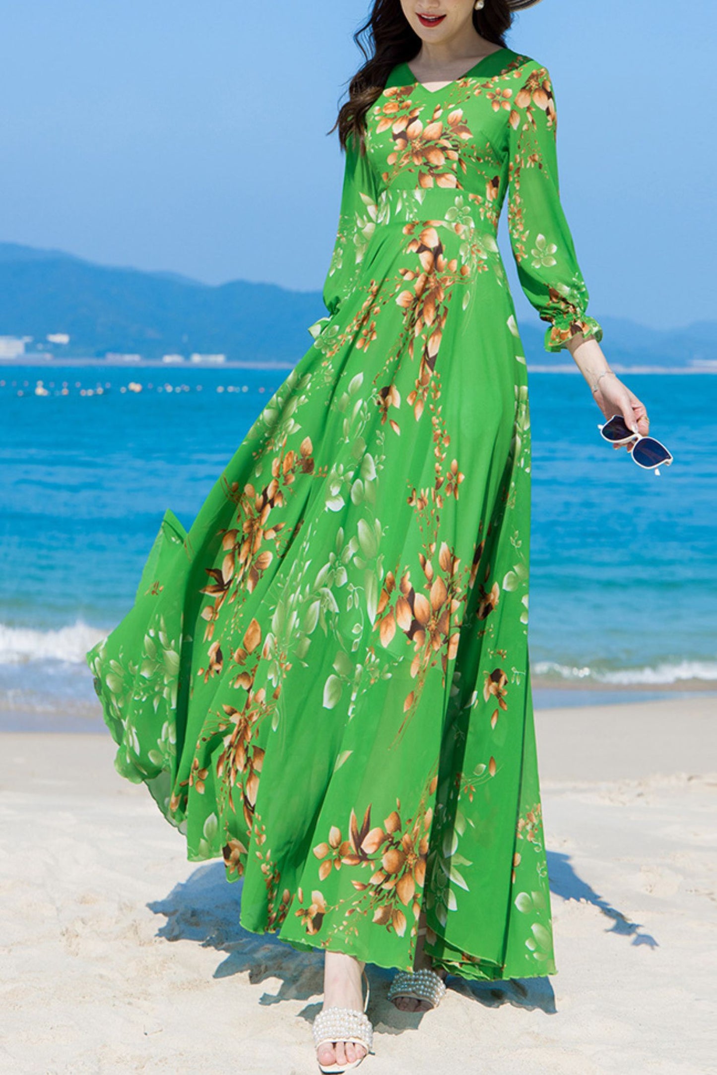 Summer Green Chiffon Long Sleeve Floral Dress C4107