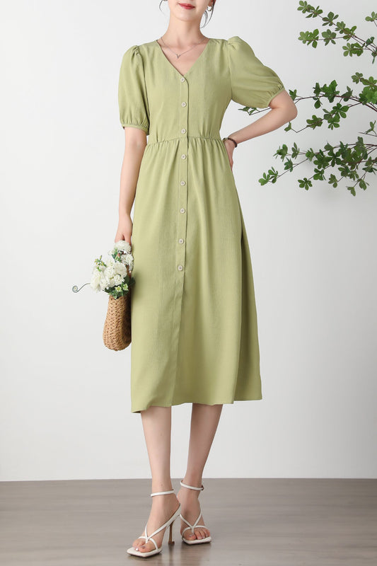 Green Midi Dress, Women's V-neck Dress C3259
