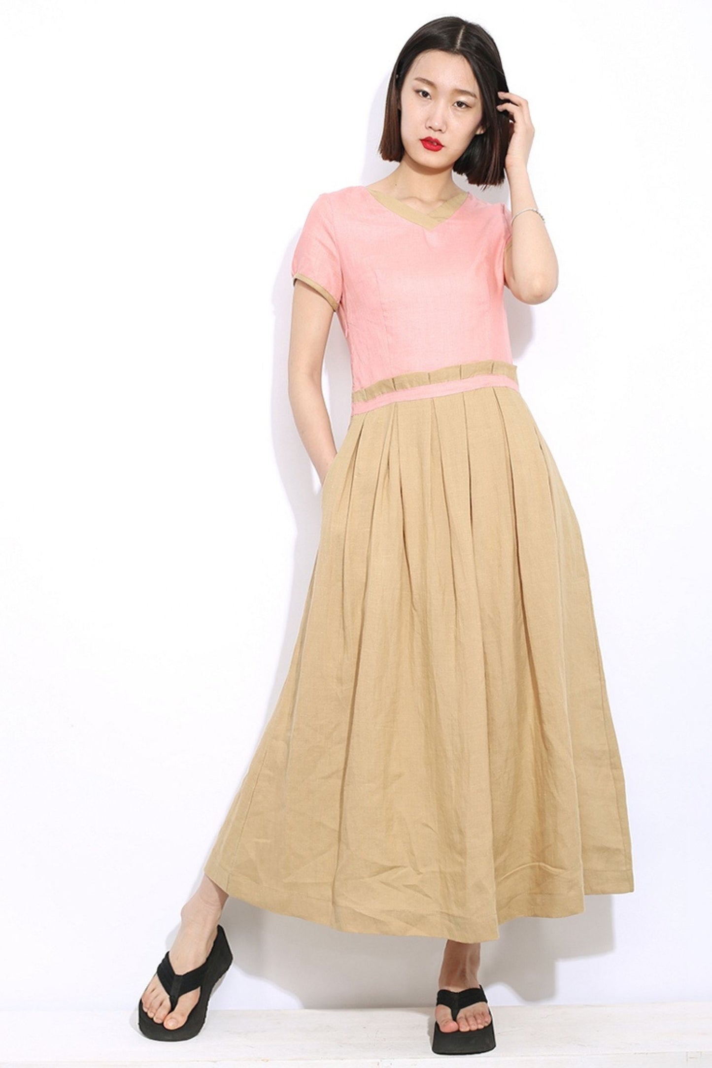 Long patchwork linen dress C296