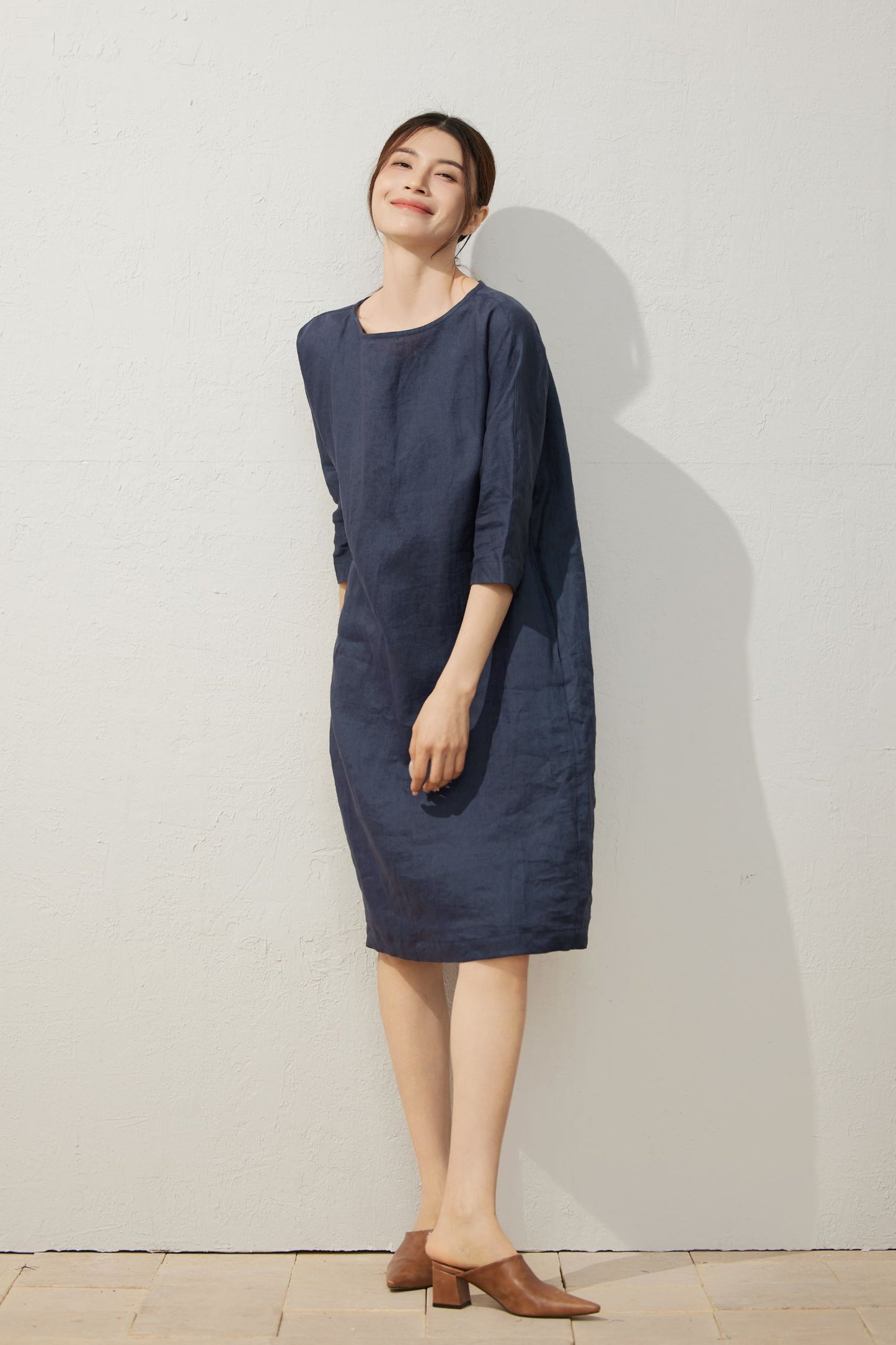 Elegant Navy Blue Linen Dress C3927